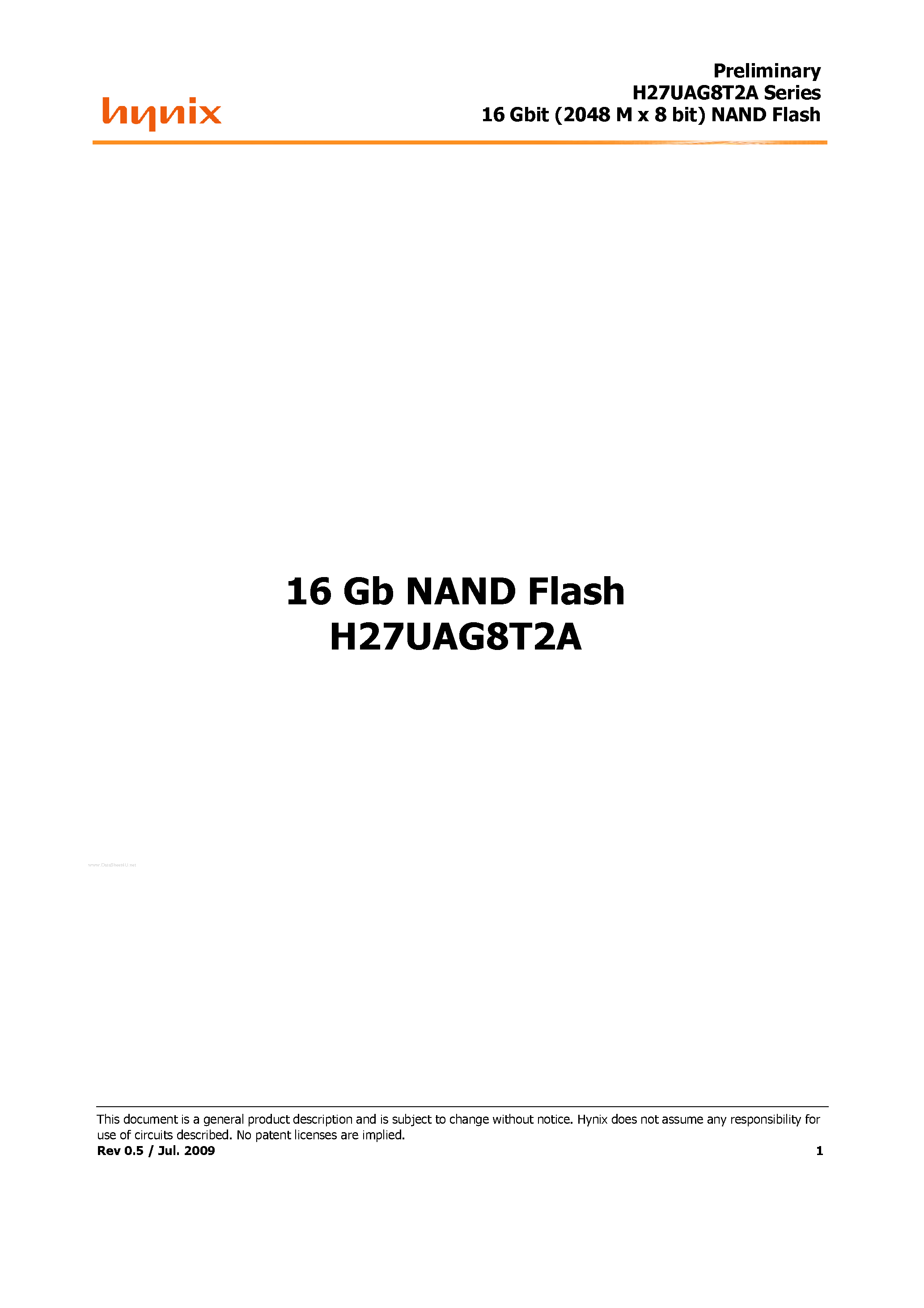 Datasheet H27UAG8T2A - 16 Gbit (2048 M x 8 bit) NAND Flash page 1