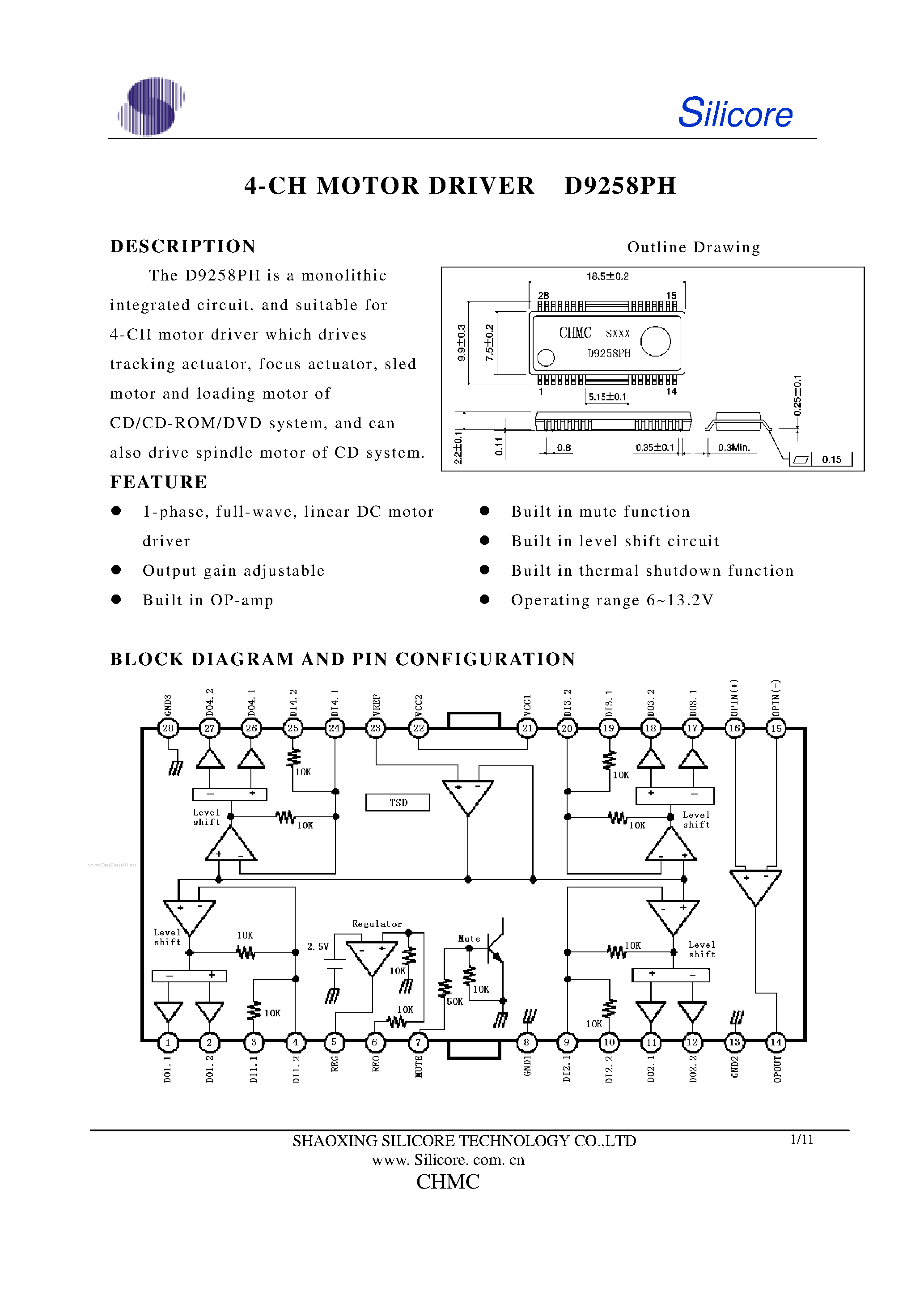Datasheet D9258PH page 1 Datasheet D9258PH - 4-CH MOTOR DRIVER page 1