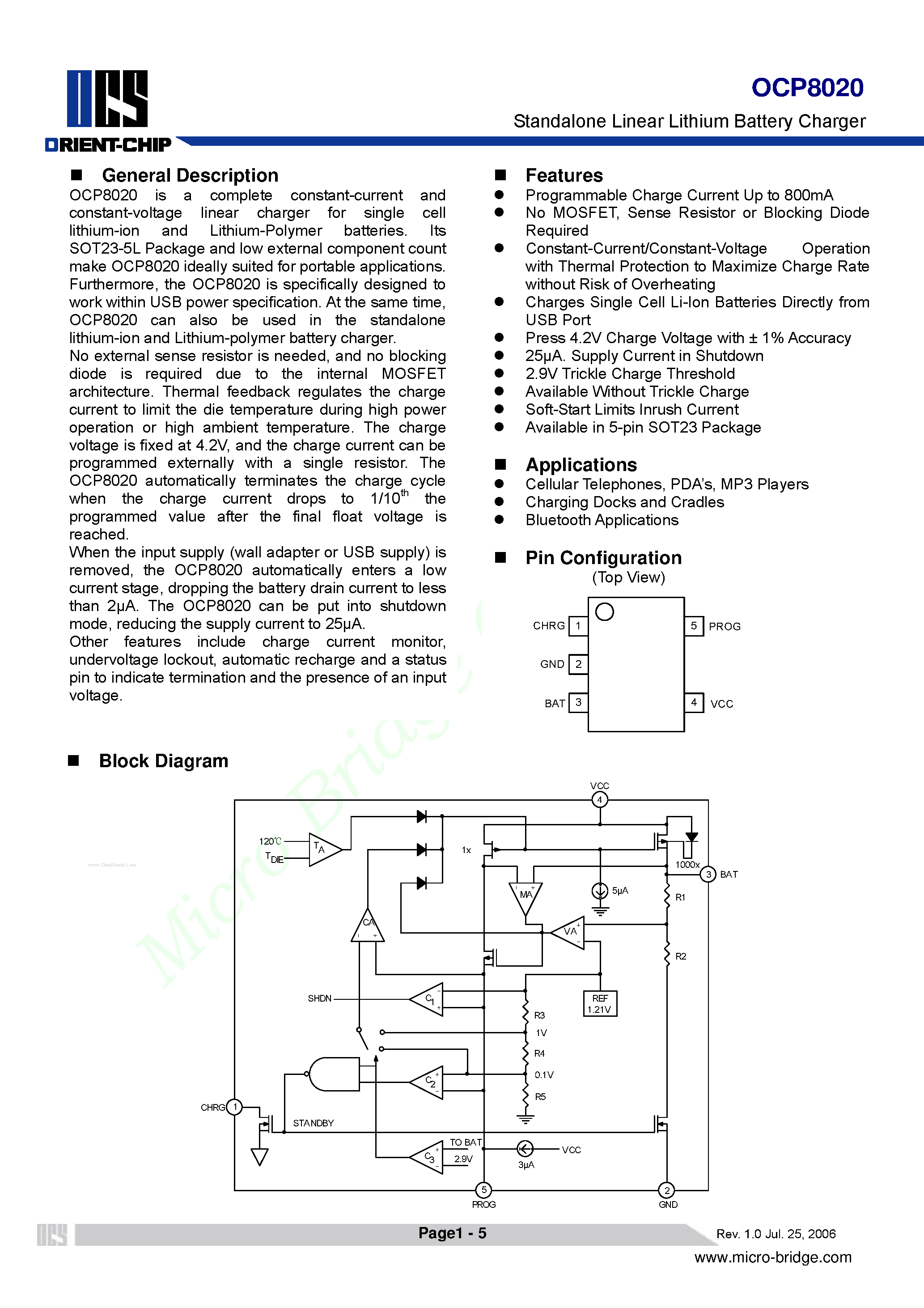 Datasheet OCP8020 page 1 Datasheet OCP8020 - Standalone Linear Lithium Battery Charger page 1