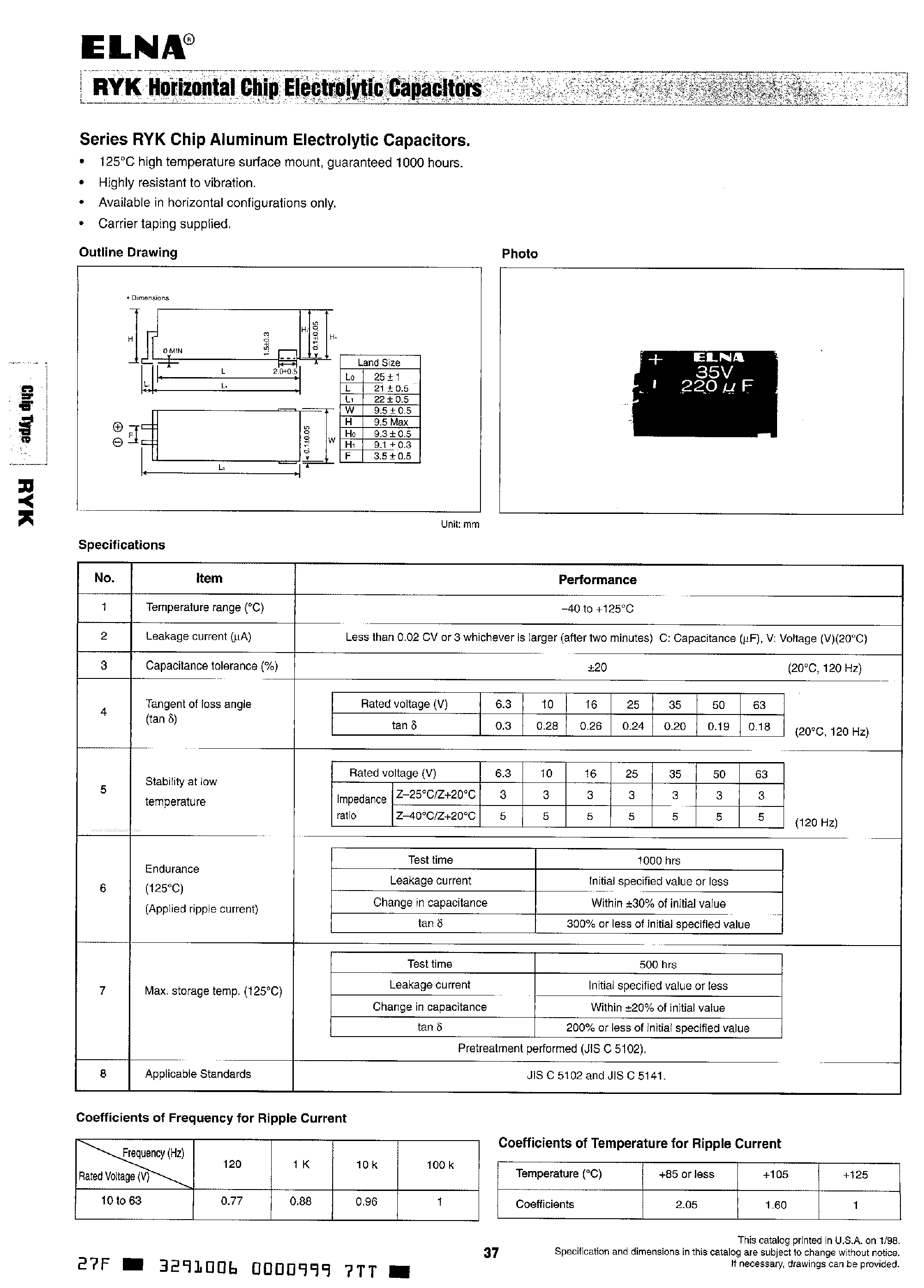 Datasheet RYK-25V101G5-FL - Horizontal Chip Electrolytic Capacitors page 1