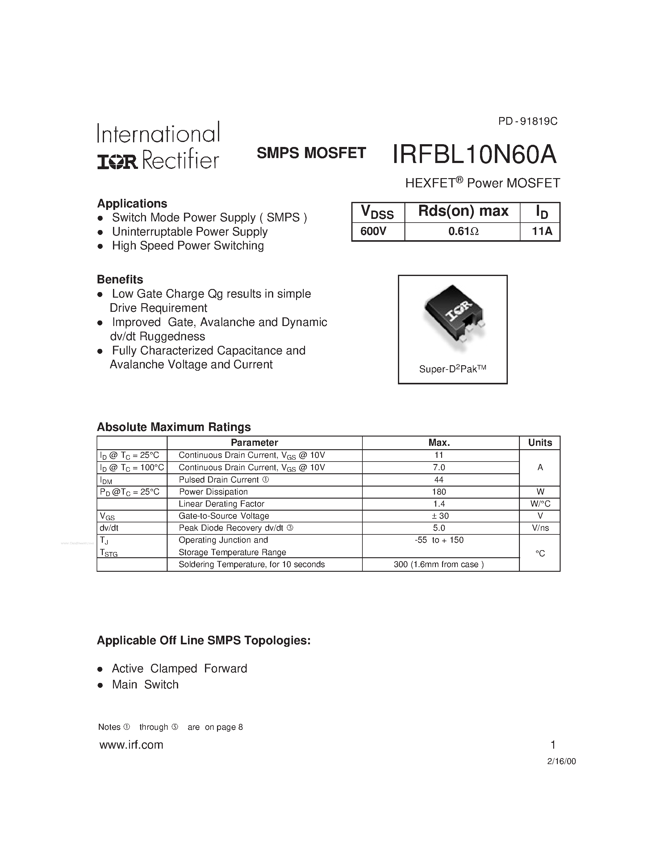 Datasheet IRFBL10N60A - HEXFET Power MOSFET page 1