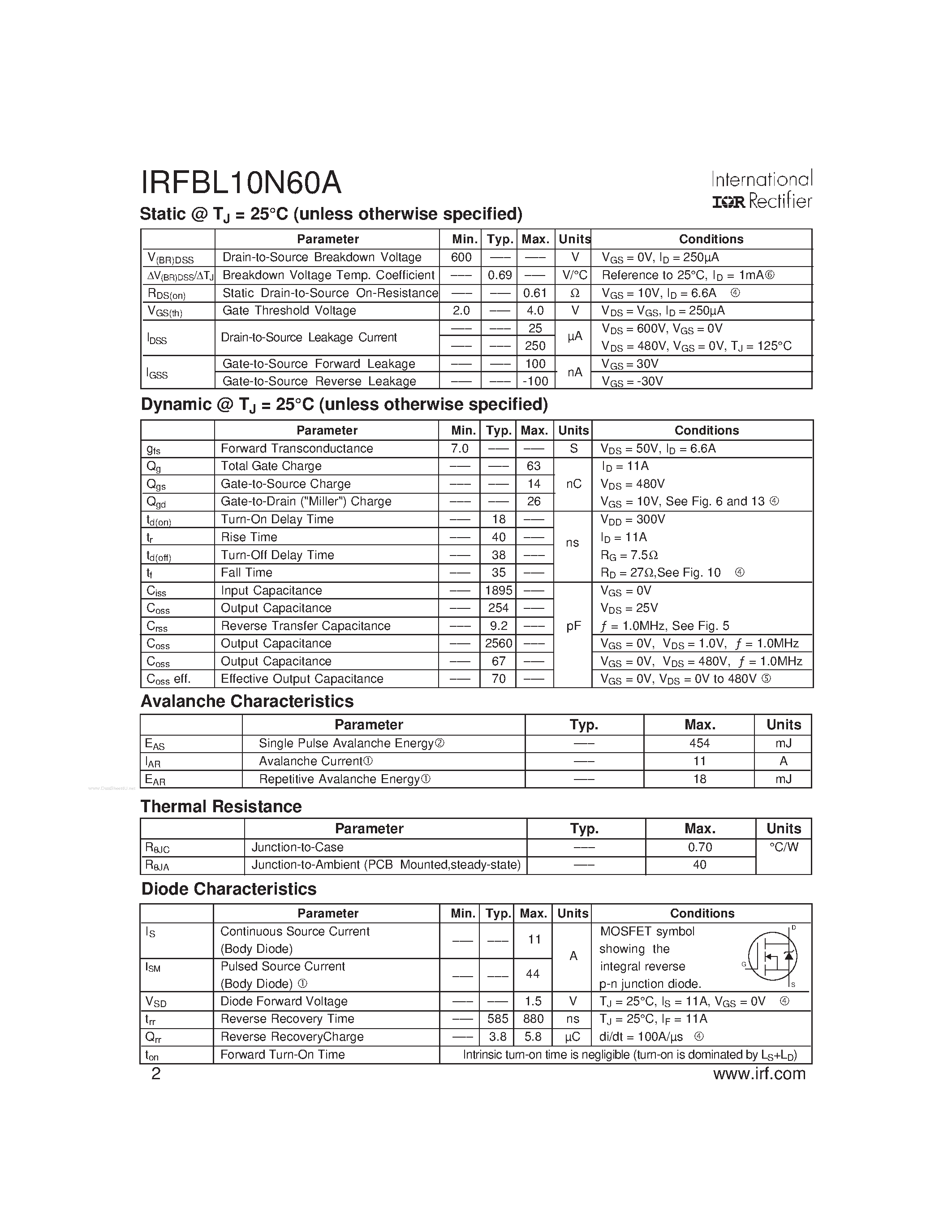 Datasheet IRFBL10N60A - HEXFET Power MOSFET page 2