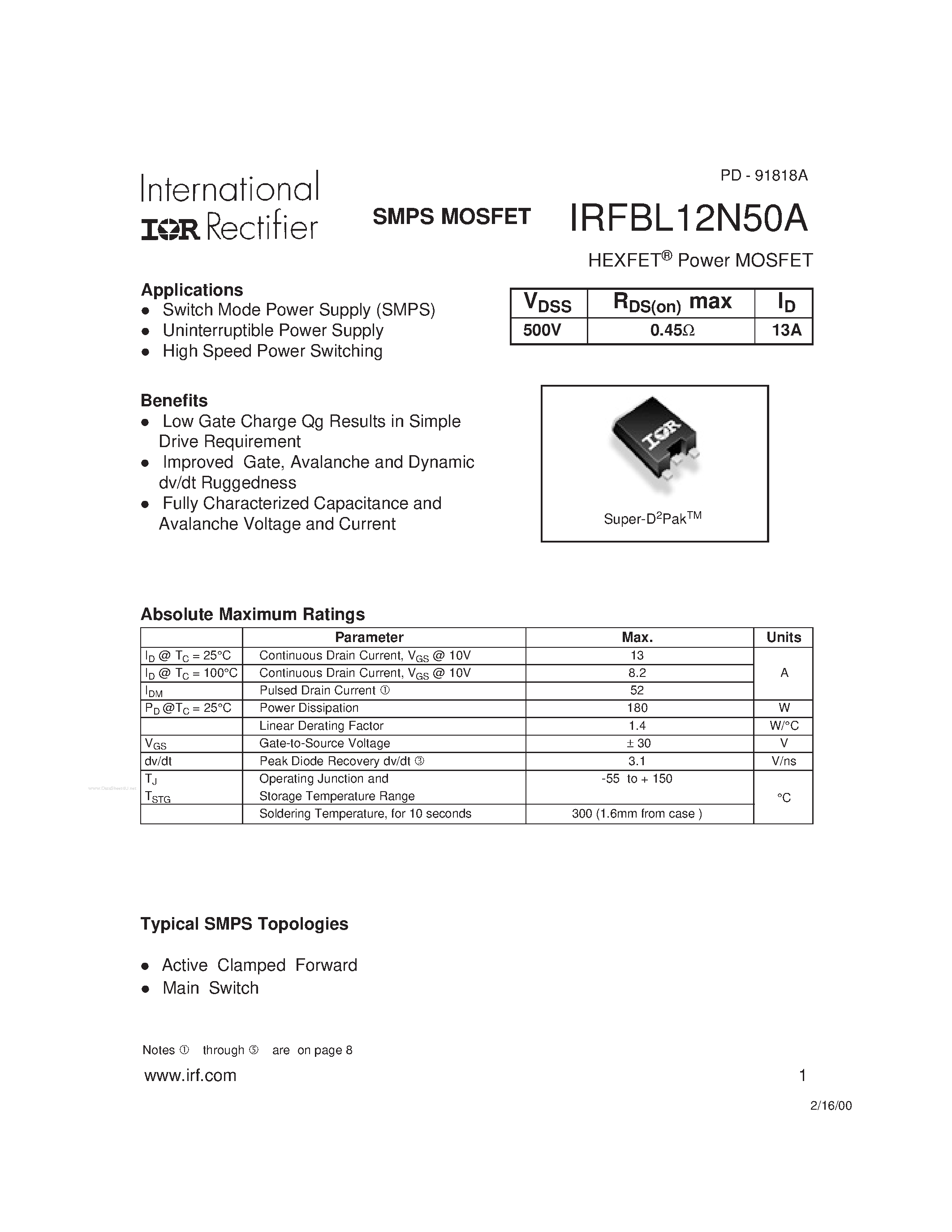 Datasheet IRFBL12N50A - HEXFET Power MOSFET page 1