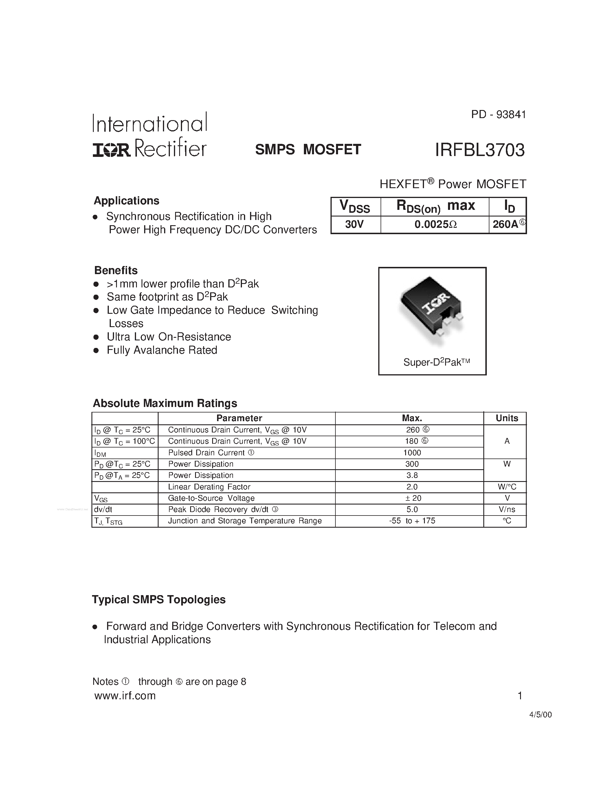 Datasheet IRFBL3703 - SMPS MOSFET page 1