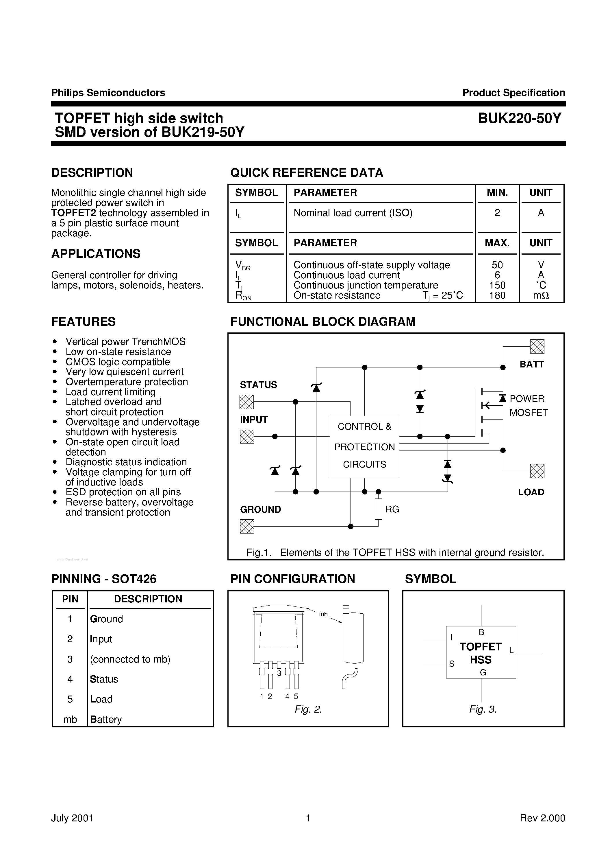 Даташит BUK220-50Y - TOPFET high side switch страница 1