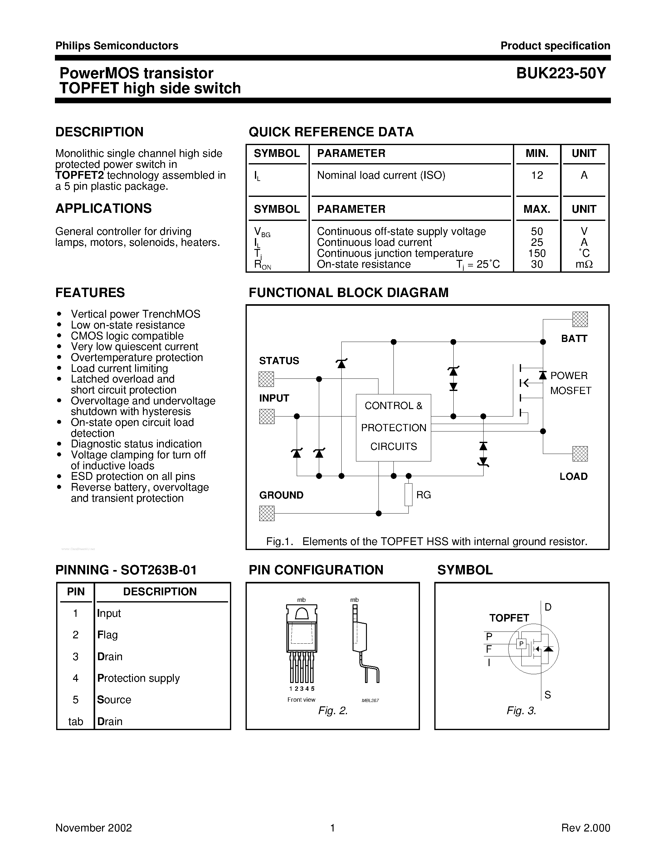 Даташит BUK223-50Y - PowerMOS transistor TOPFET high side switch страница 1