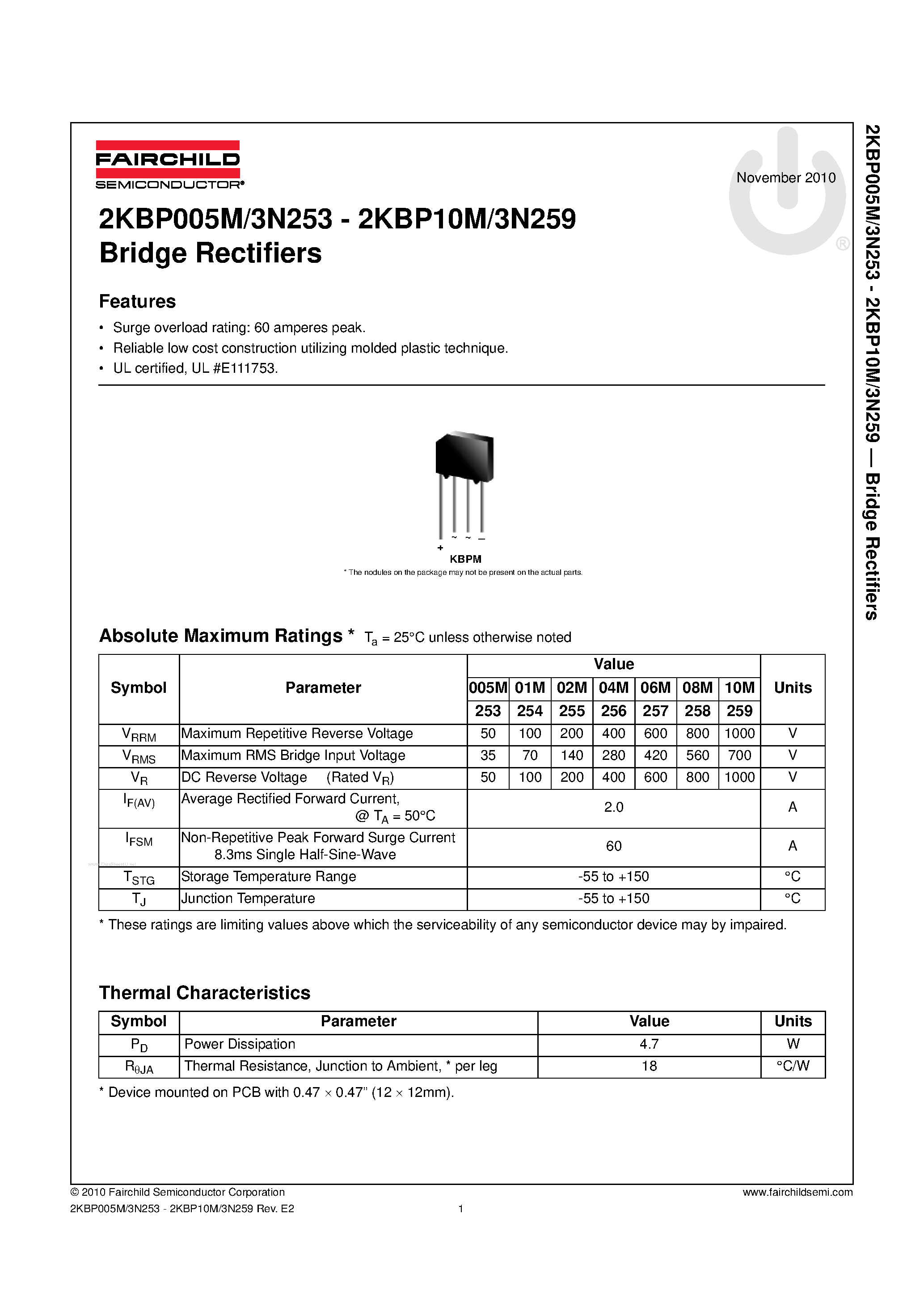 Datasheet 3N253 page 1 Datasheet 3N253 - (3N253 - 3N259) Bridge Rectifiers page 1