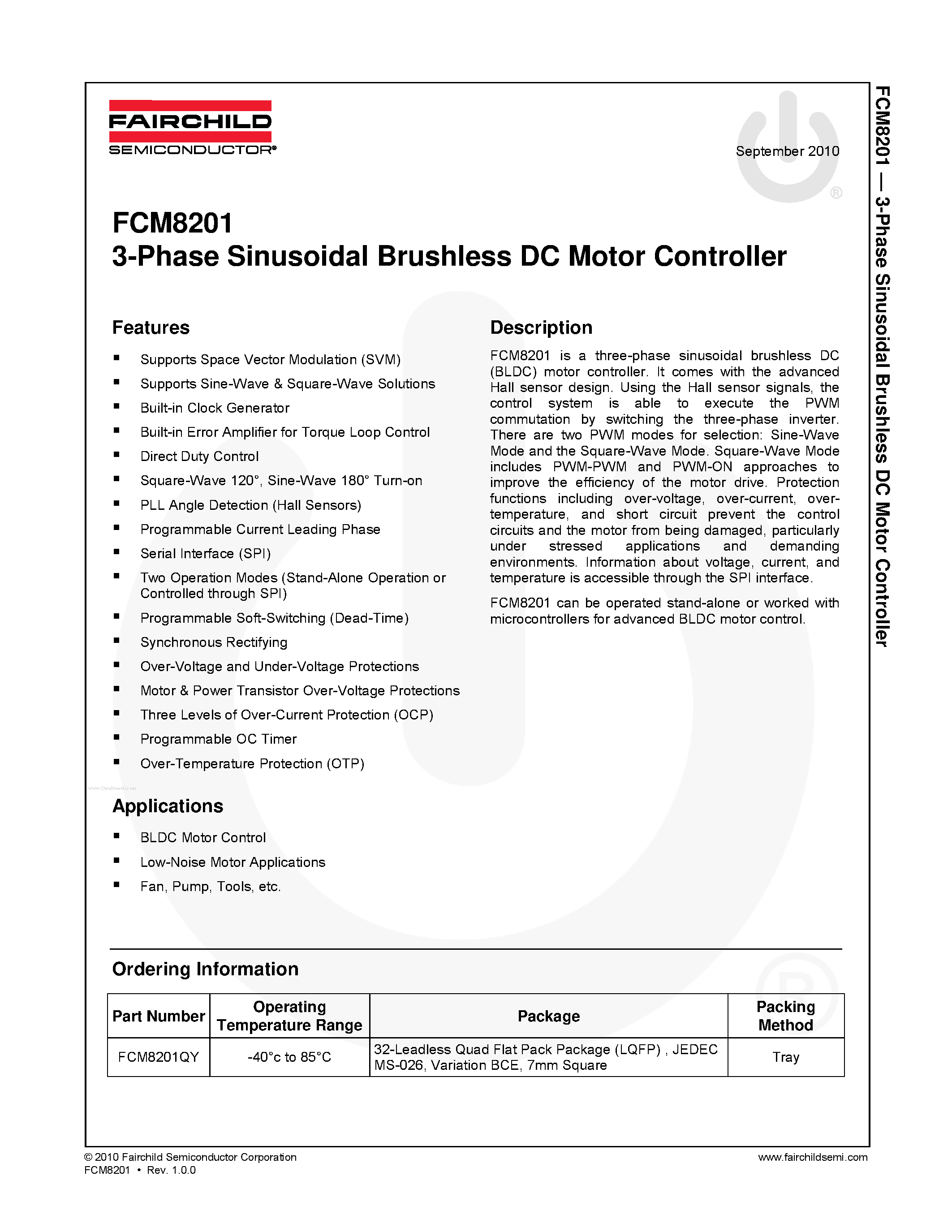 Даташит FCM8201 - 3-Phase Sinusoidal Brushless DC Motor Controller страница 1