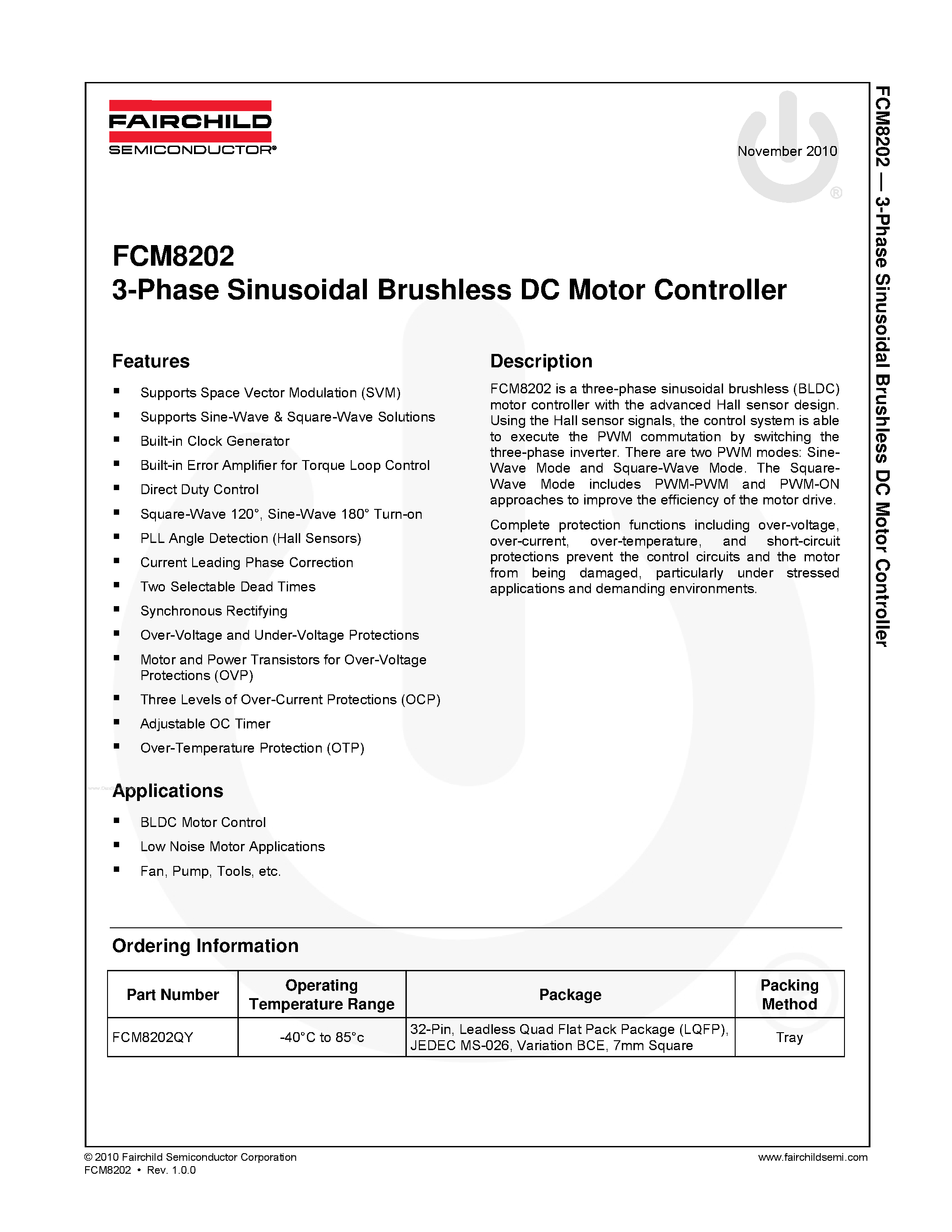 Даташит FCM8202 - 3-Phase Sinusoidal Brushless DC Motor Controller страница 1