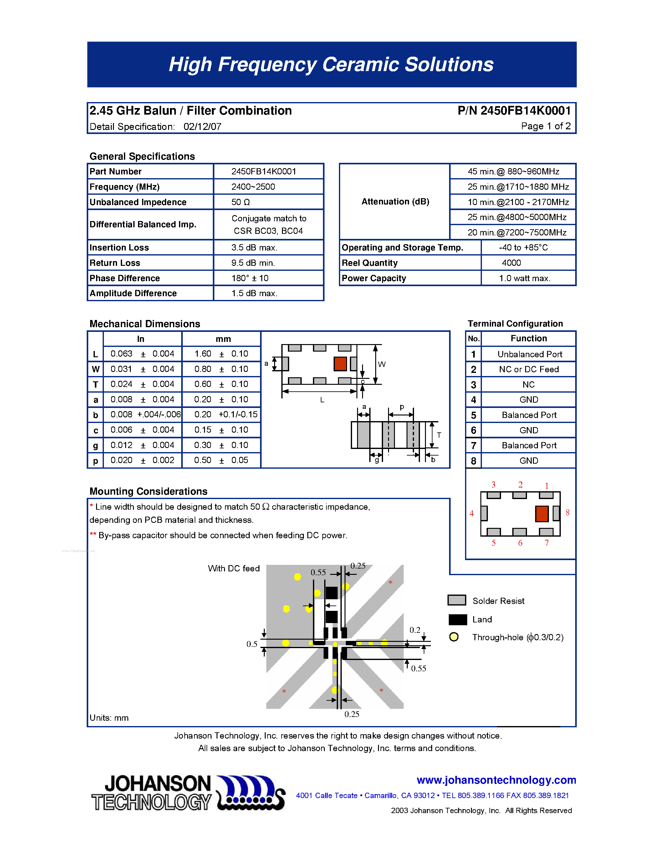 Datasheet 2450FB14K0001 - 2.45 GHz Balun / Filter Combination page 1