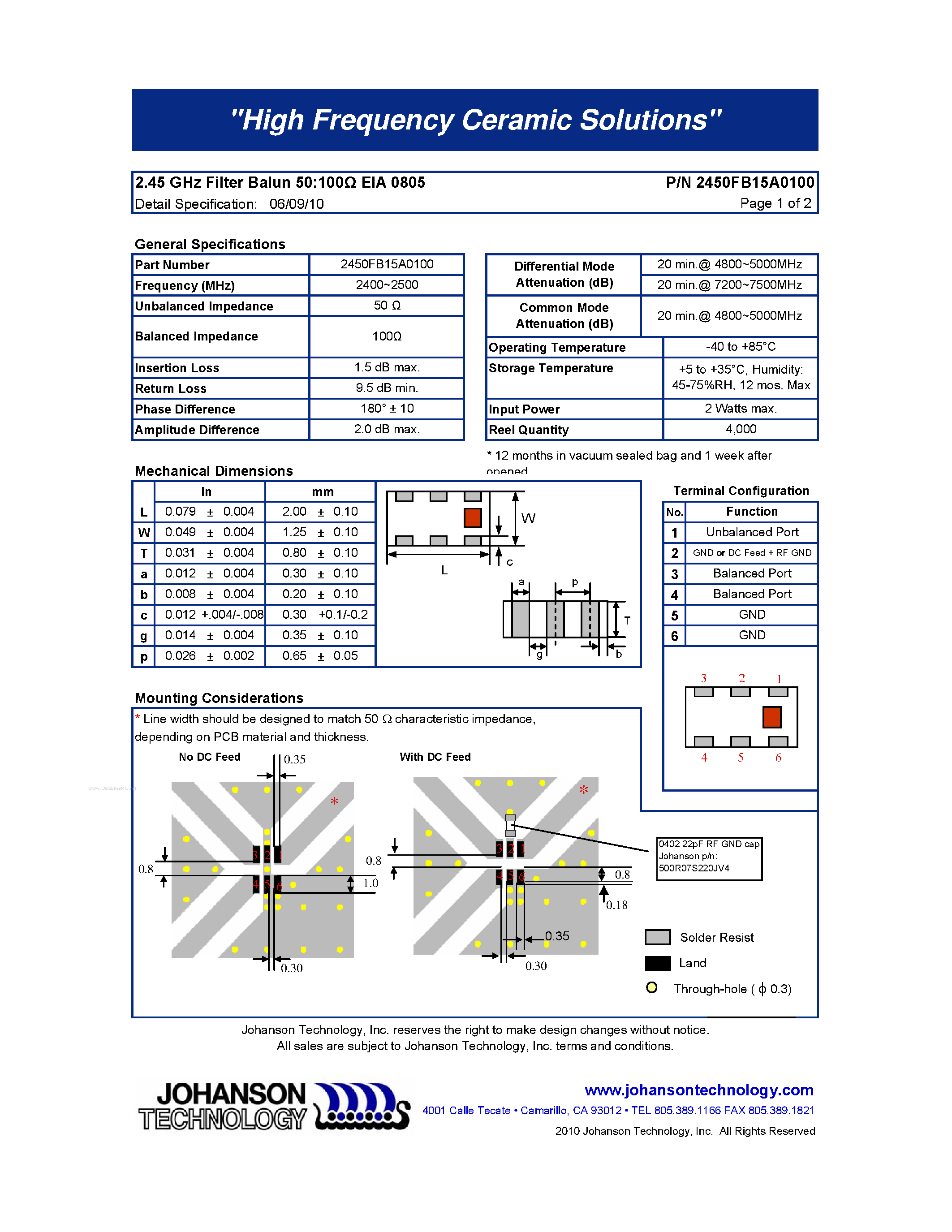 Datasheet 2450FB15A0100 - 2.45 GHz Balun / Filter Combination page 1