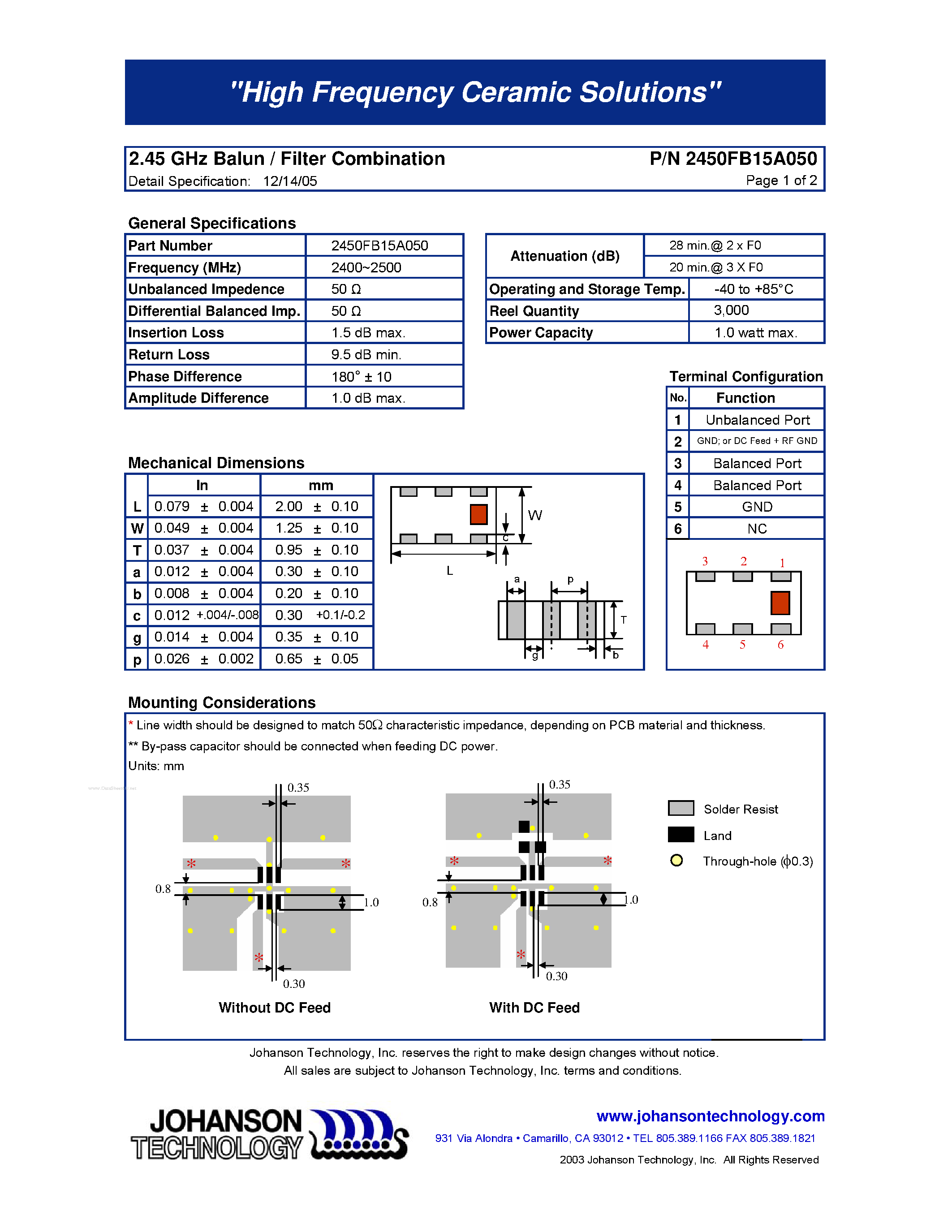 Datasheet 2450FB15A050 - 2.45 GHz Balun / Filter Combination page 1