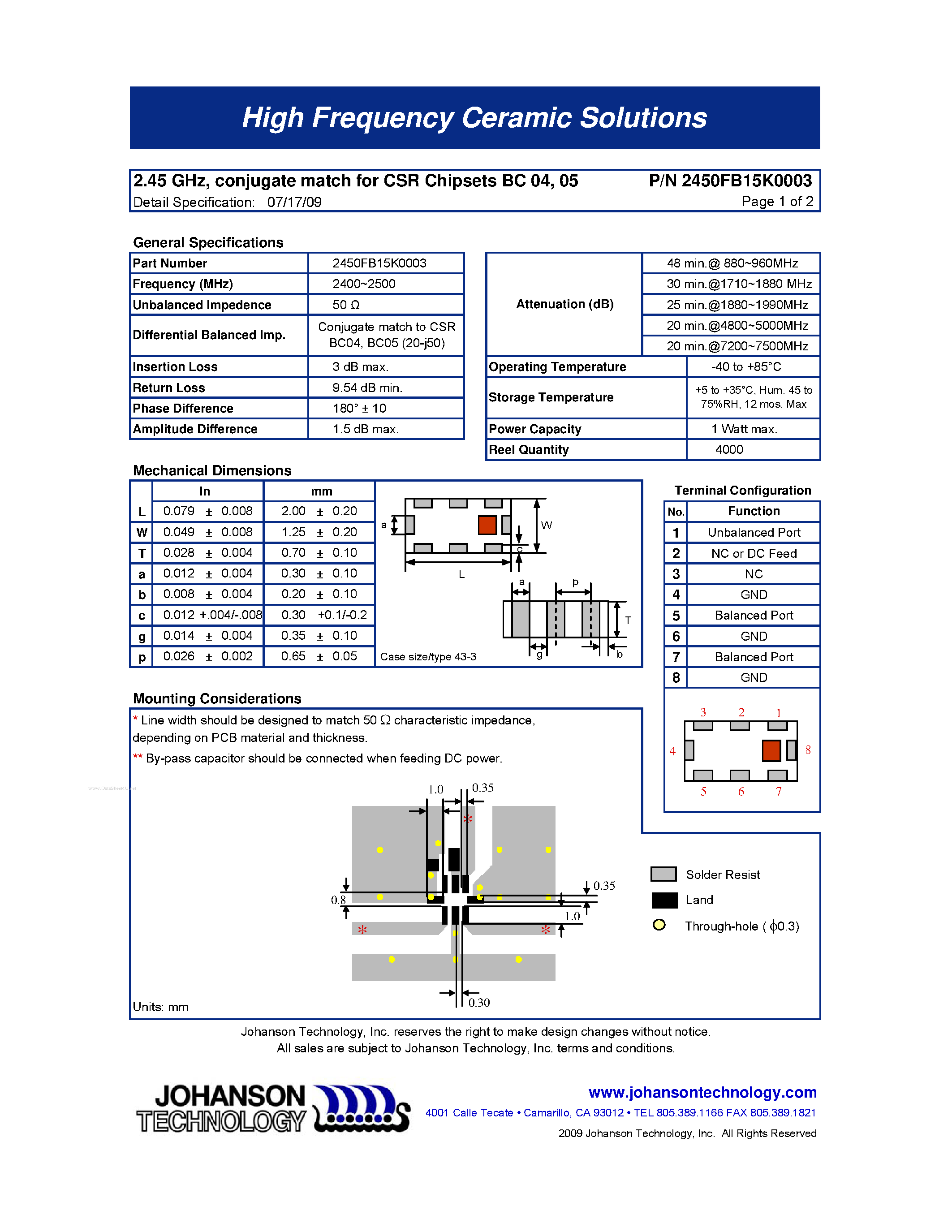 Datasheet 2450FB15K0003 - 2.45 GHz Balun / Filter Combination page 1