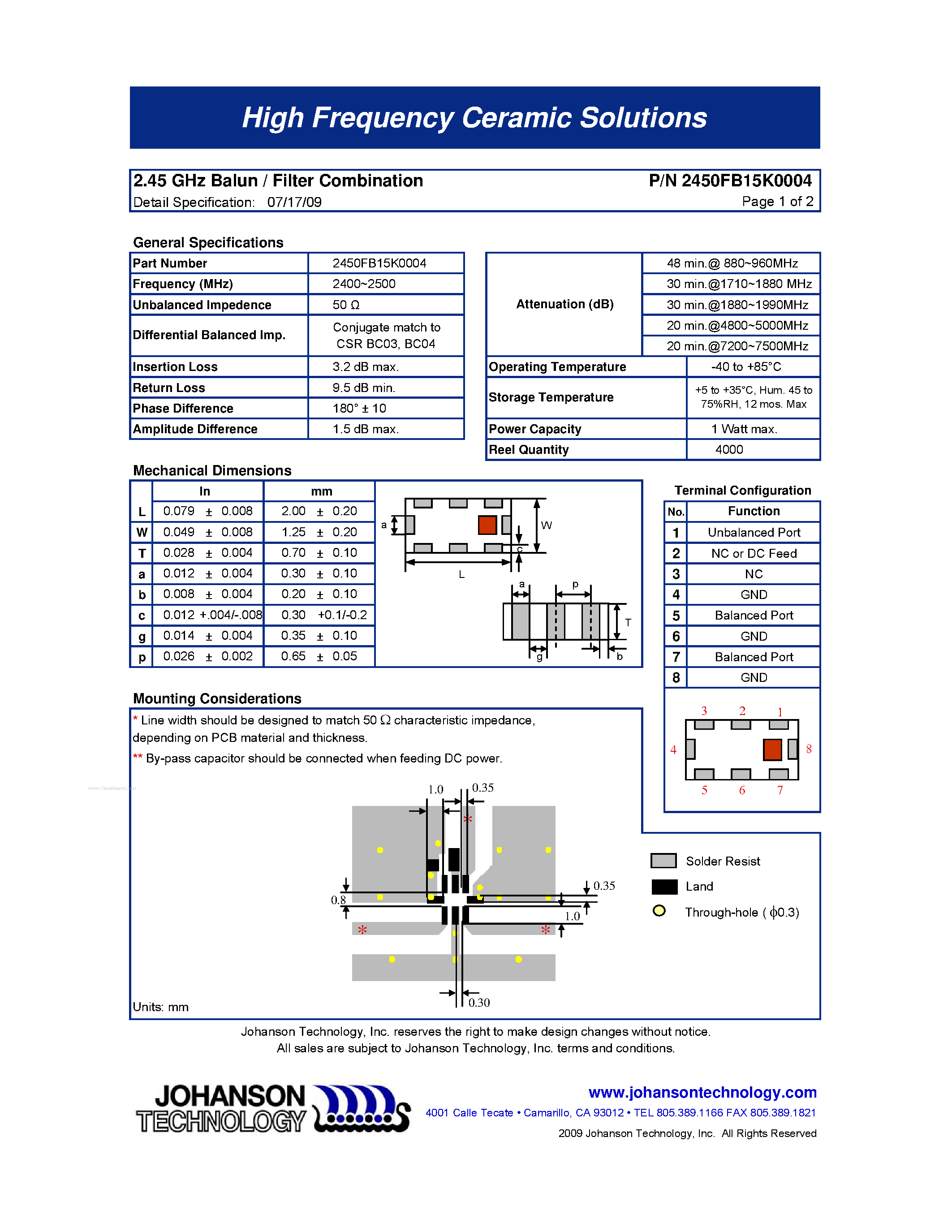 Datasheet 2450FB15K0004 - 2.45 GHz Balun / Filter Combination page 1