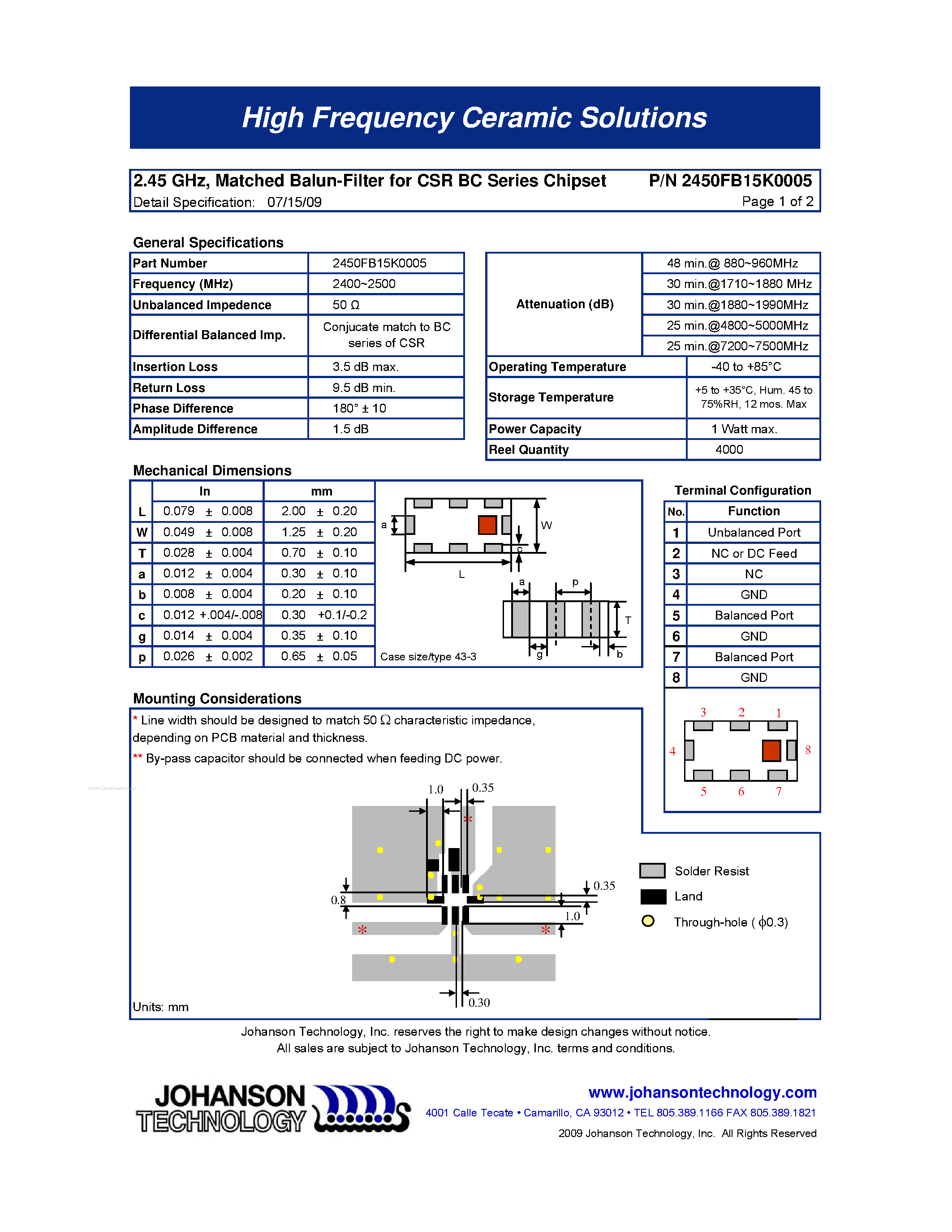 Datasheet 2450FB15K0005 - 2.45 GHz Balun / Filter Combination page 1