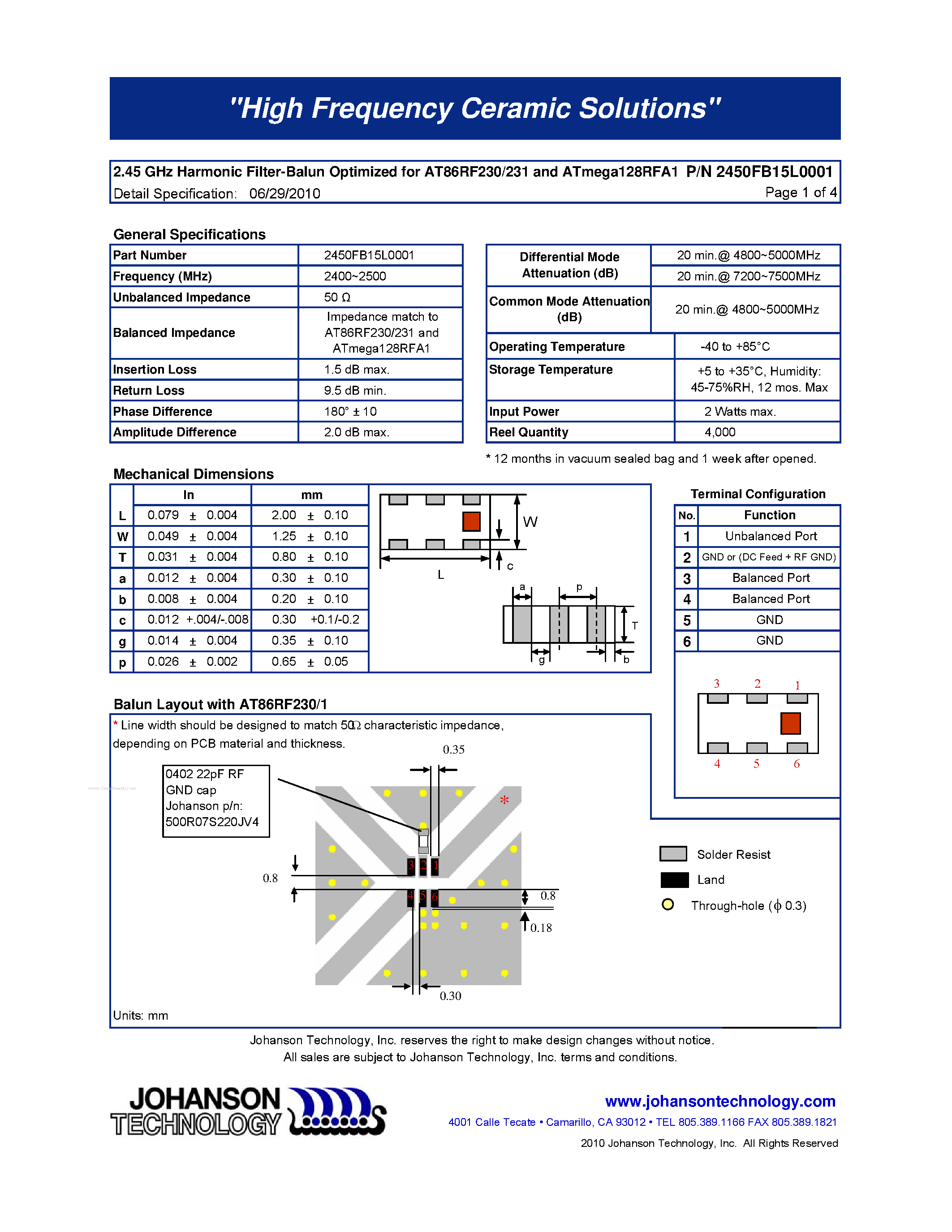 Datasheet 2450FB15L0001 - 2.45 GHz Balun / Filter Combination page 1