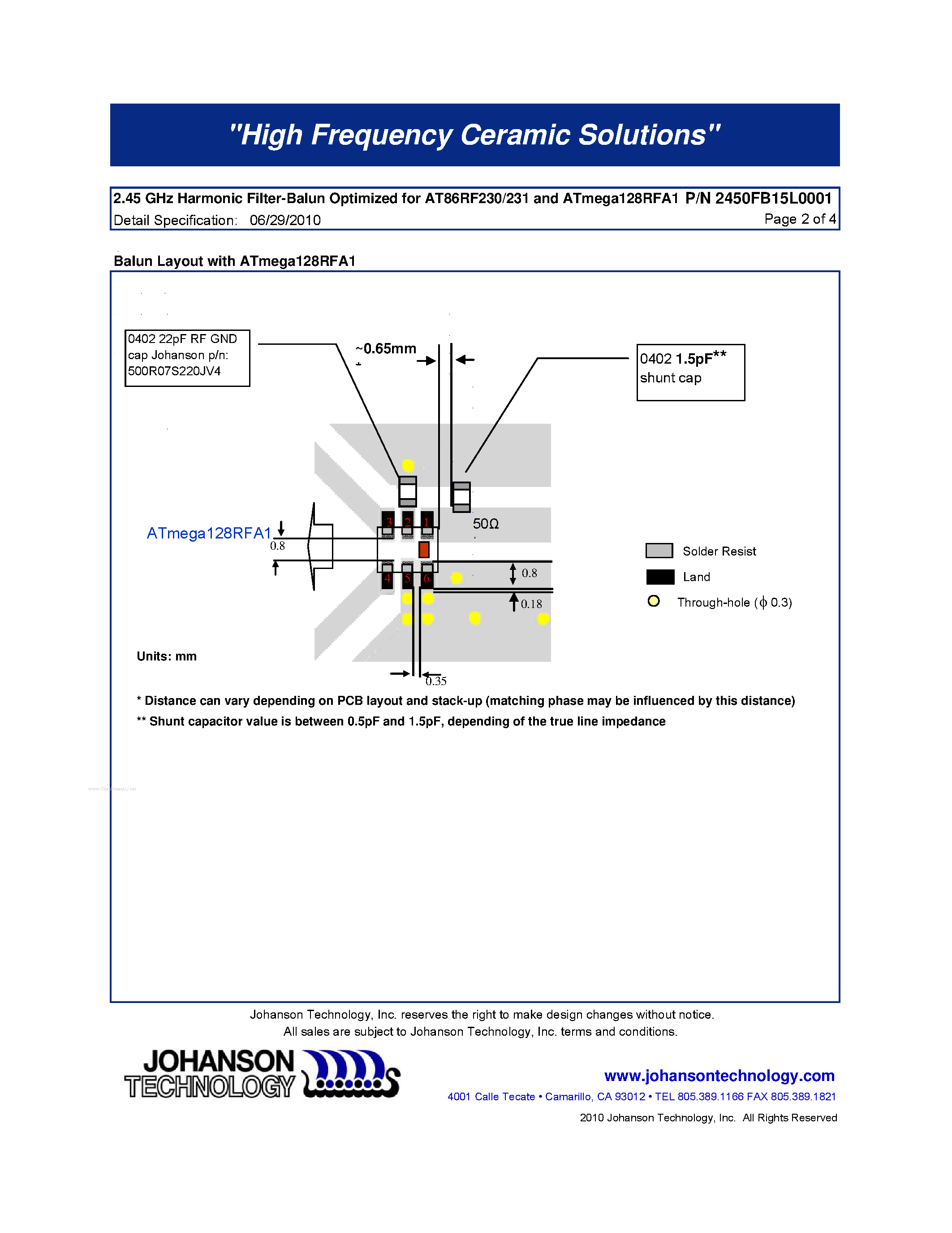Datasheet 2450FB15L0001 - 2.45 GHz Balun / Filter Combination page 2