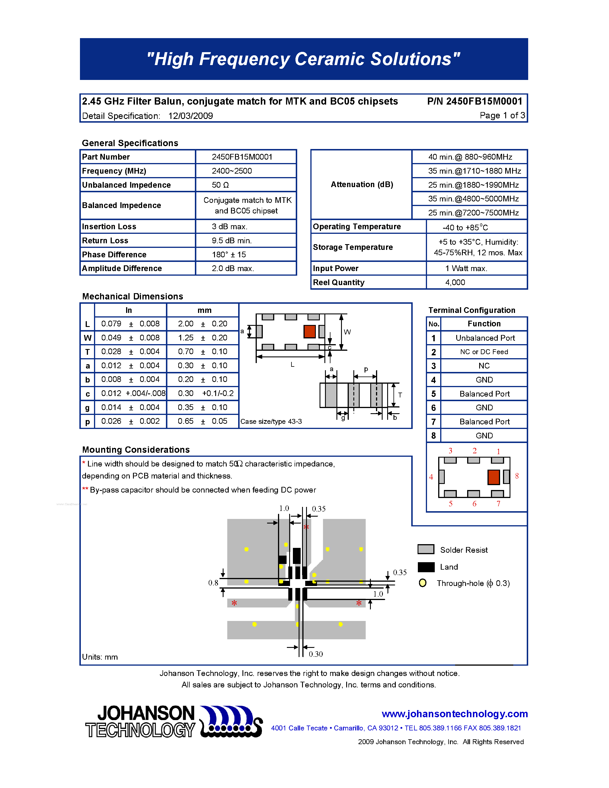 Datasheet 2450FB15M0001 - 2.45 GHz Balun / Filter Combination page 1