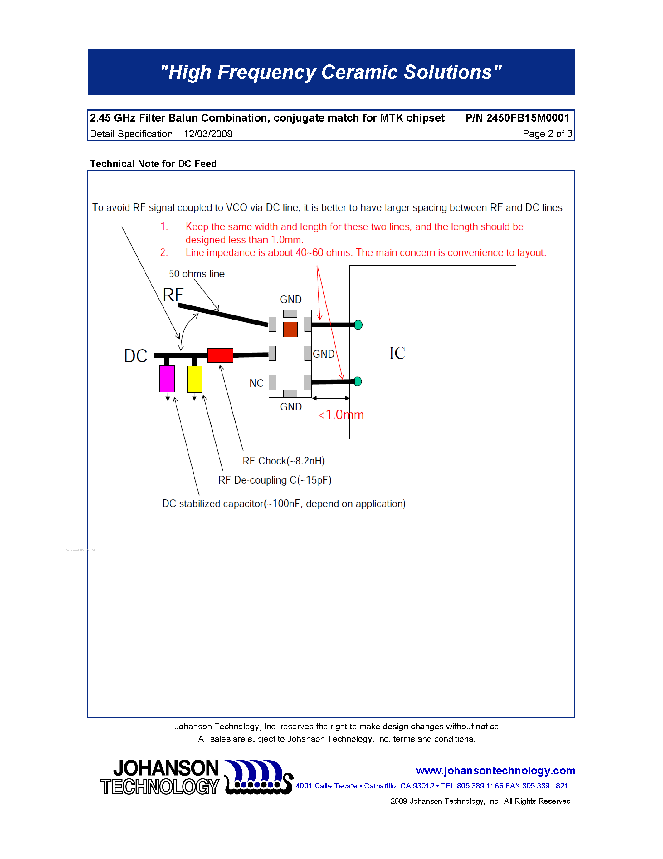 Datasheet 2450FB15M0001 - 2.45 GHz Balun / Filter Combination page 2