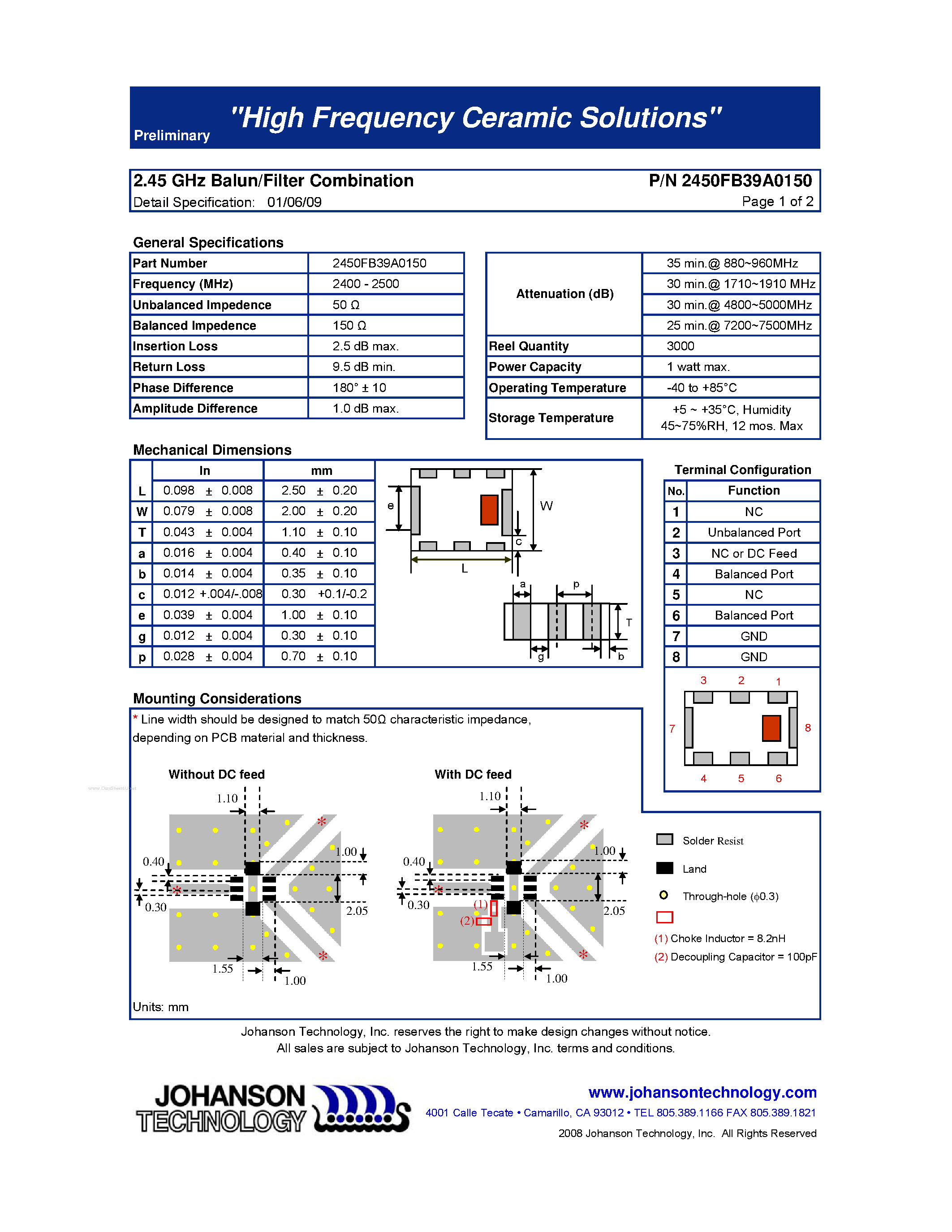 Datasheet 2450FB39A0150 - 2.45 GHz Balun / Filter Combination page 1