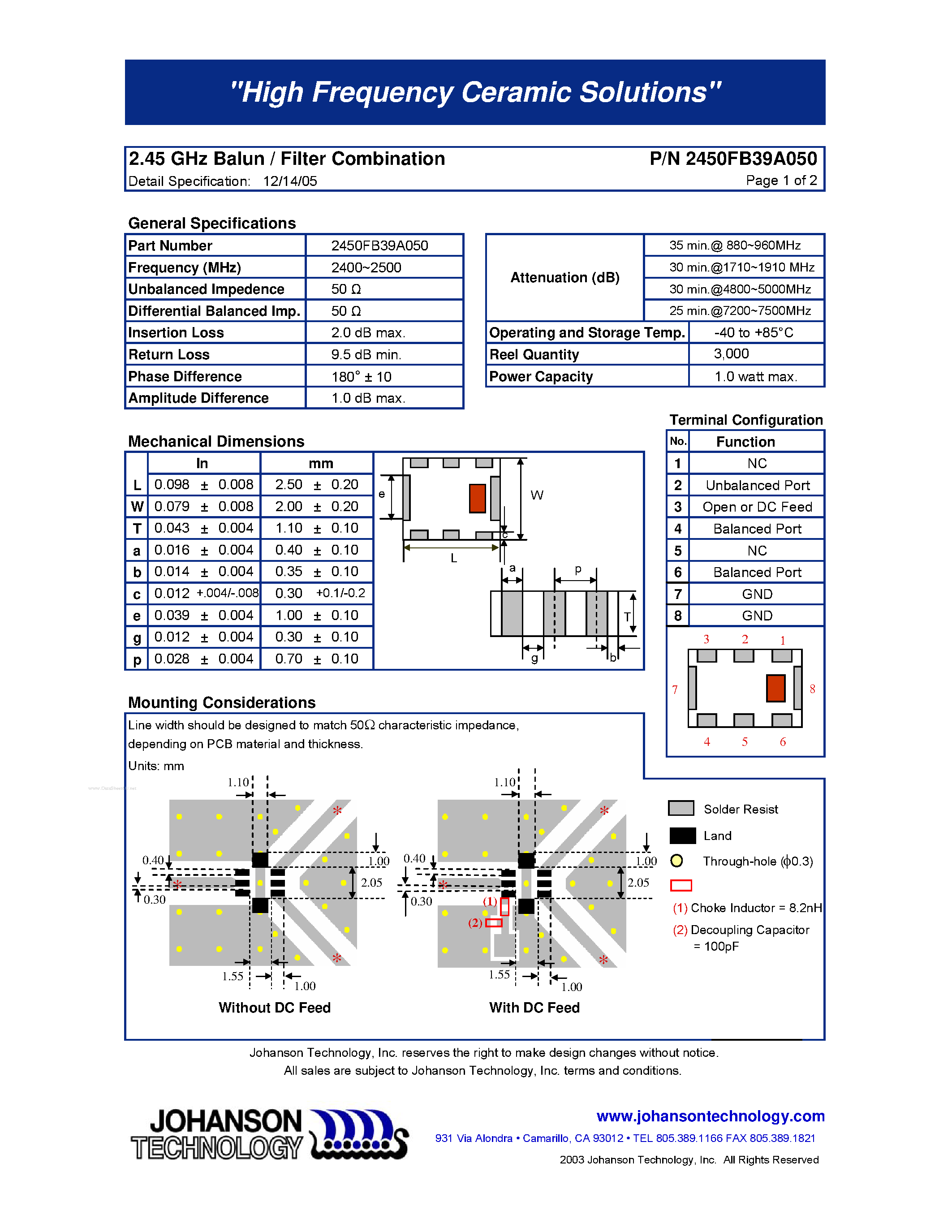 Datasheet 2450FB39A050 - 2.45 GHz Balun / Filter Combination page 1