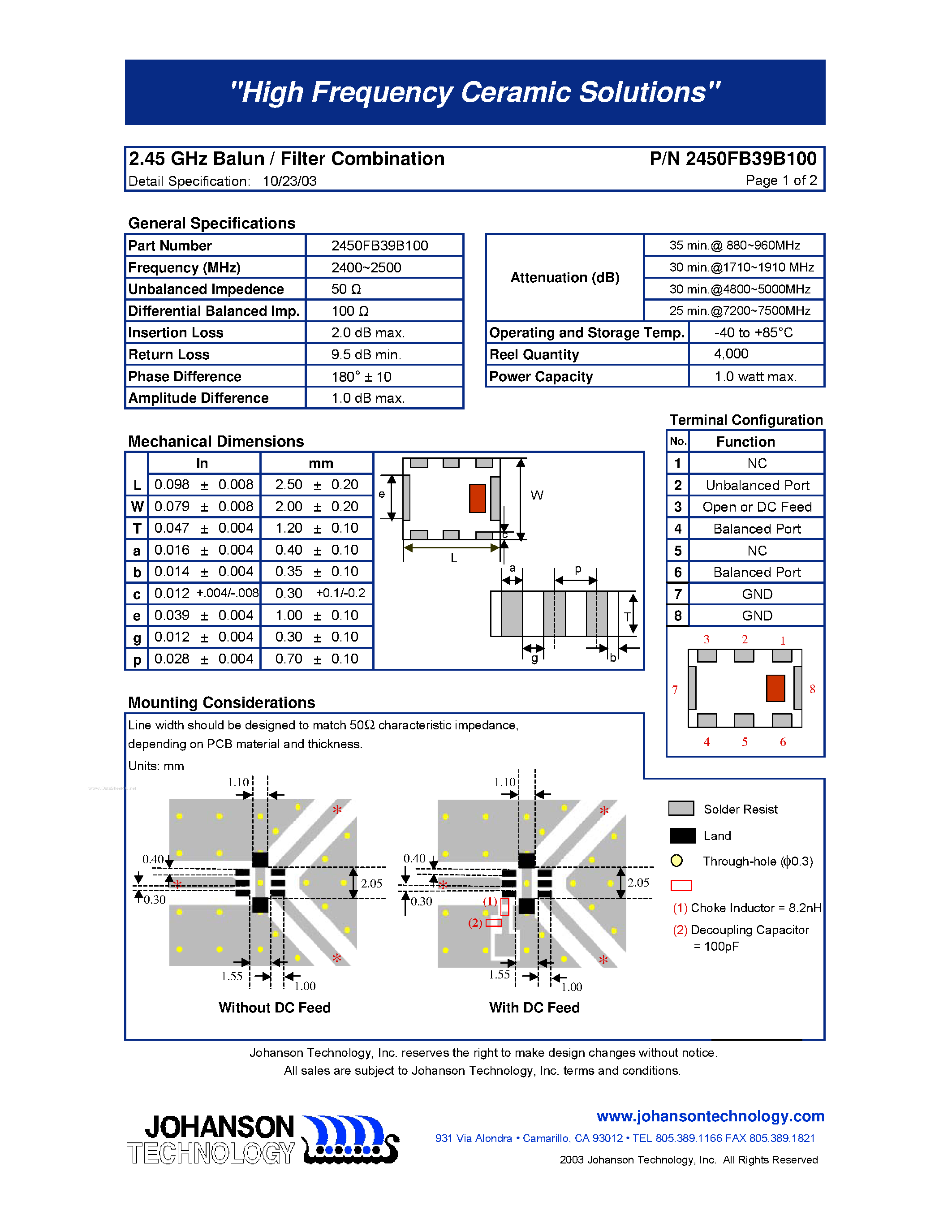 Datasheet 2450FB39B100 - 2.45 GHz Balun / Filter Combination page 1