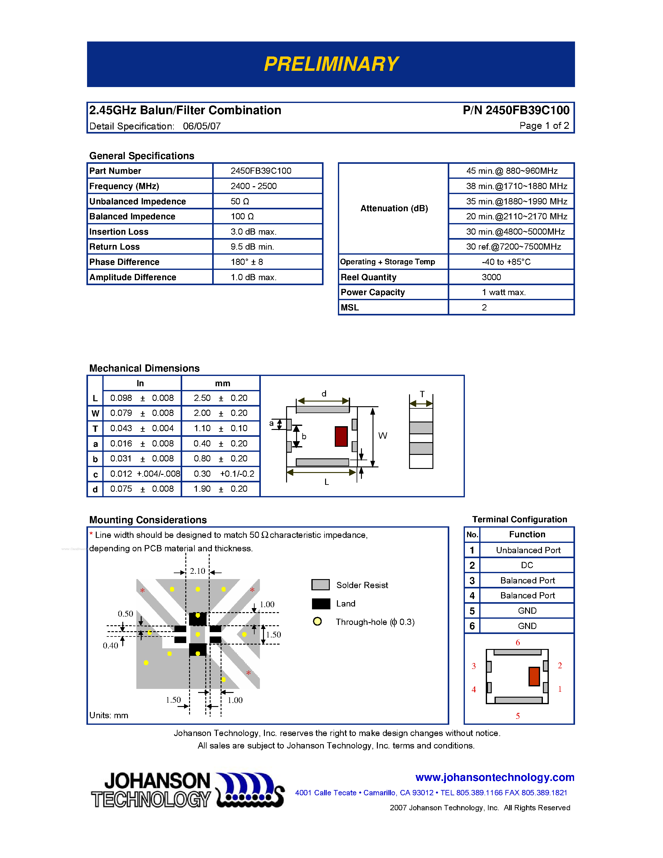 Datasheet 2450FB39C100 - 2.45 GHz Balun / Filter Combination page 1