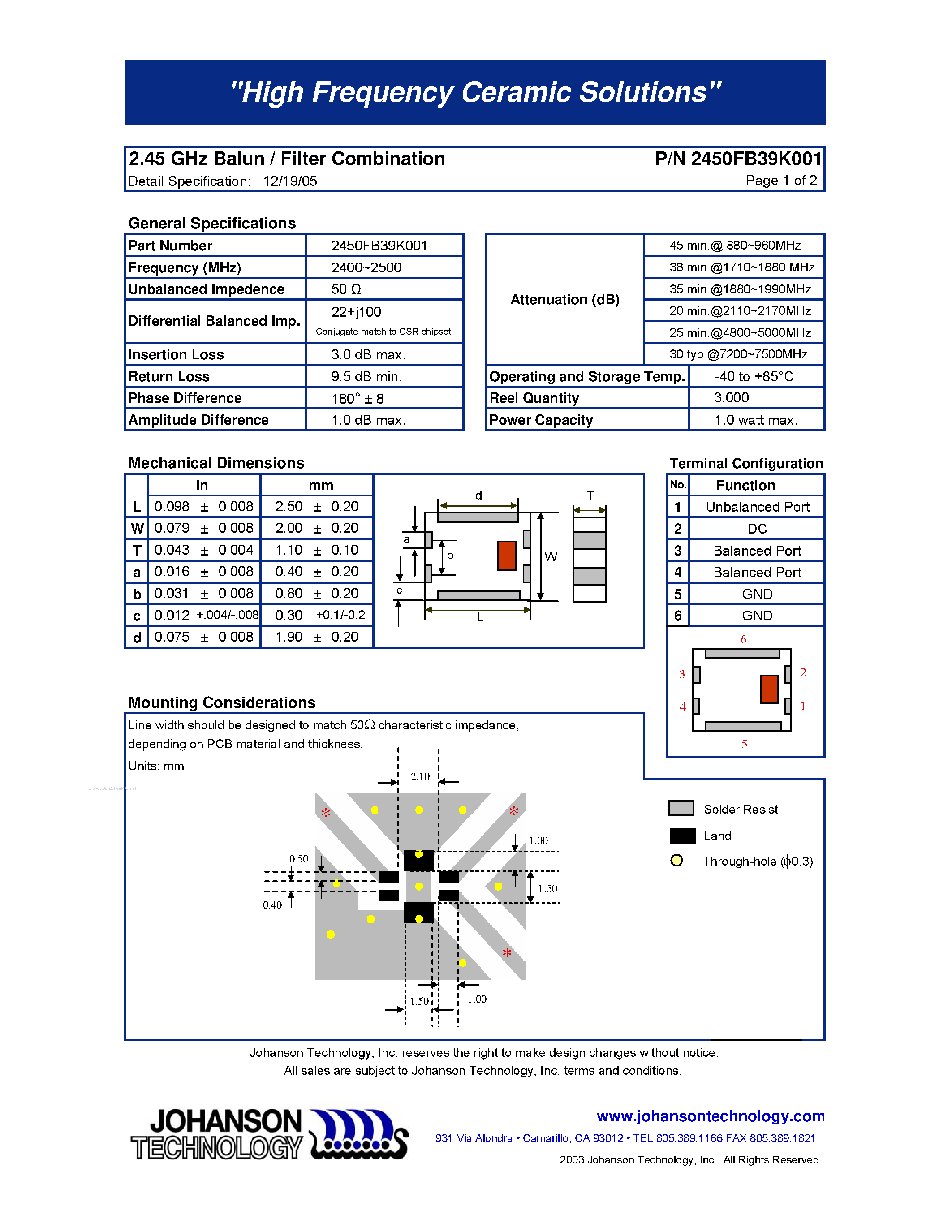Datasheet 2450FB39K001 - 2.45 GHz Balun / Filter Combination page 1