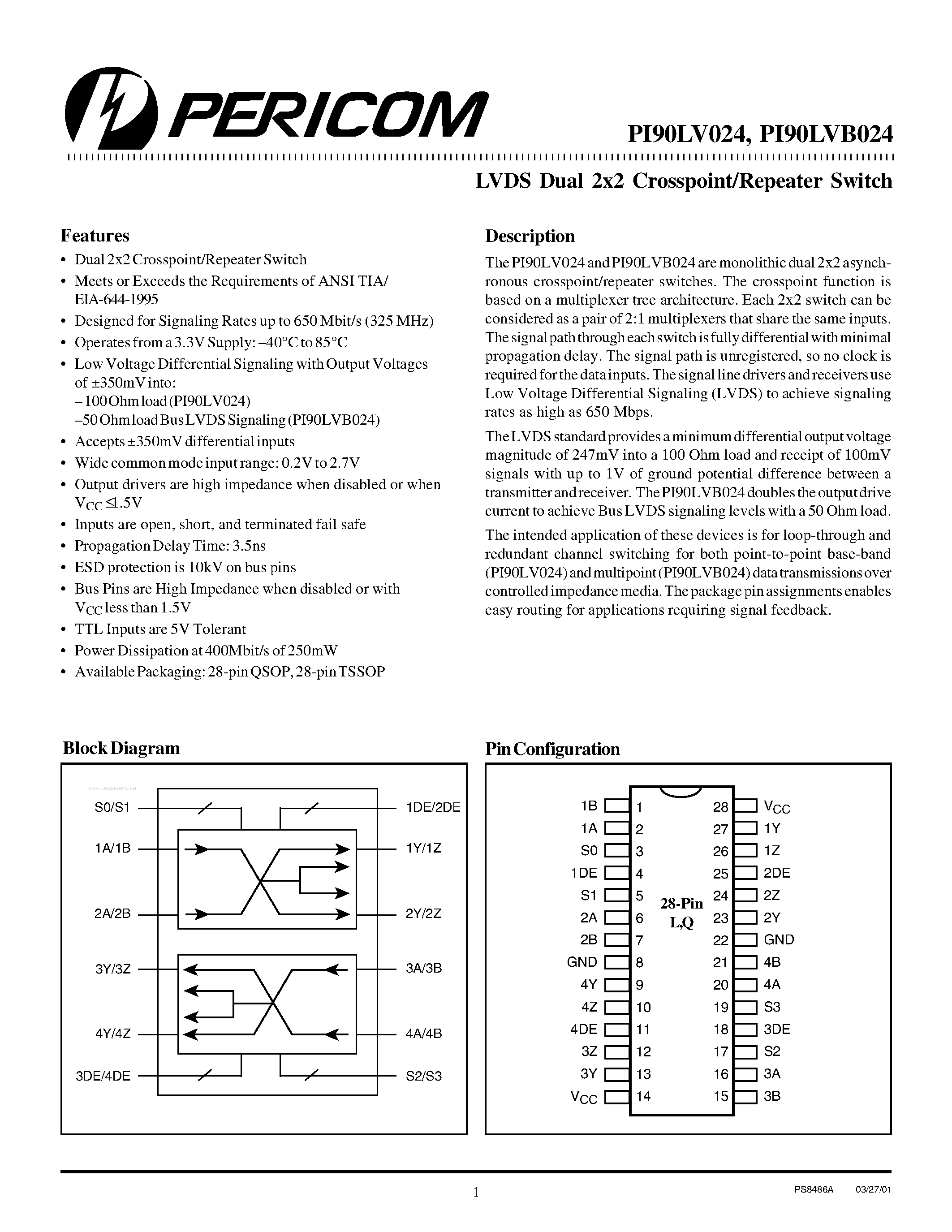 Datasheet PI90LV024 - LVDS Dual 2x2 Crosspoint/Repeater Switch page 1