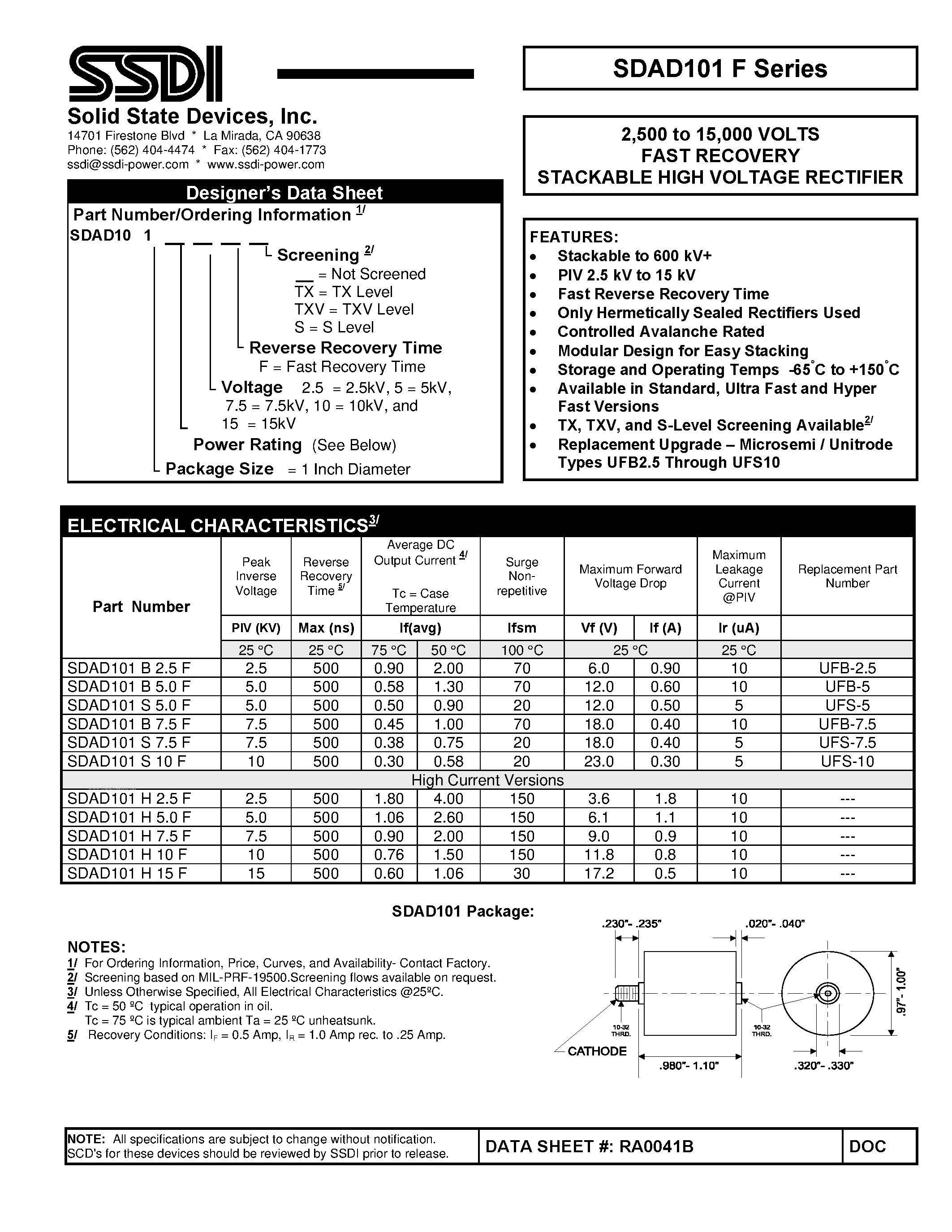 Даташит SDAD101F - FAST RECOVERY STACKABLE HIGH VOLTAGE RECTIFIER страница 1
