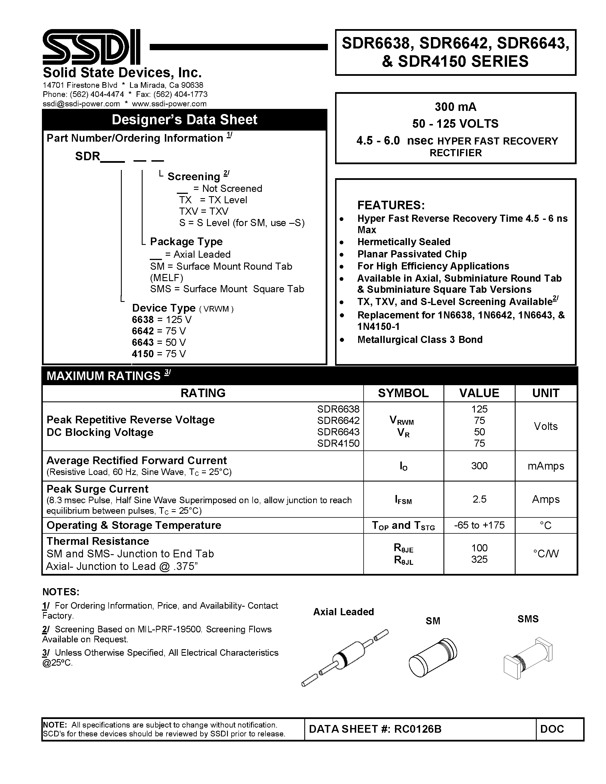 Datasheet SDR4150 page 1 Datasheet SDR4150 - HYPER FAST RECOVERY RECTIFIER page 1