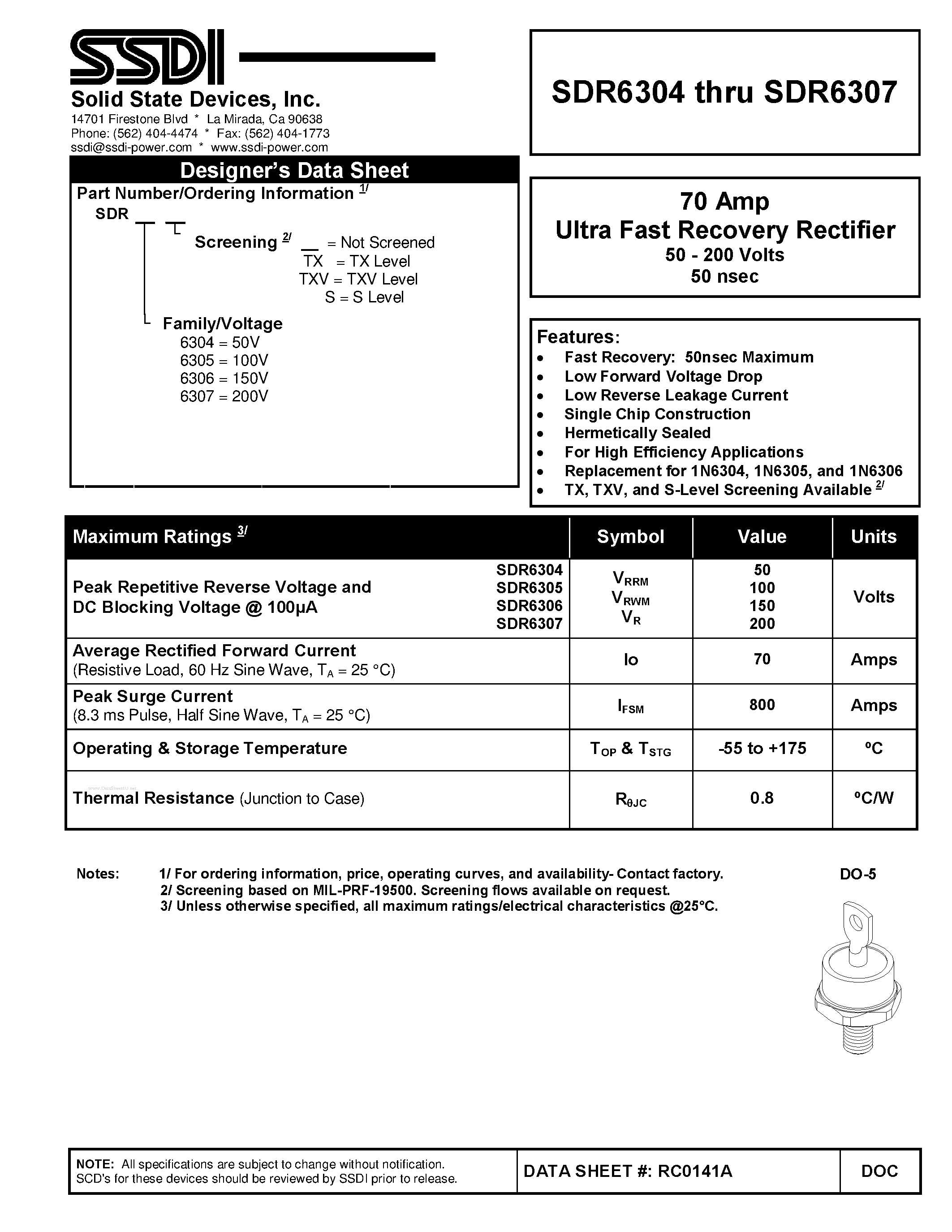 Datasheet SDR6304 - (SDR6304 - SDR6307) Ultra Fast Recovery Rectifier page 1