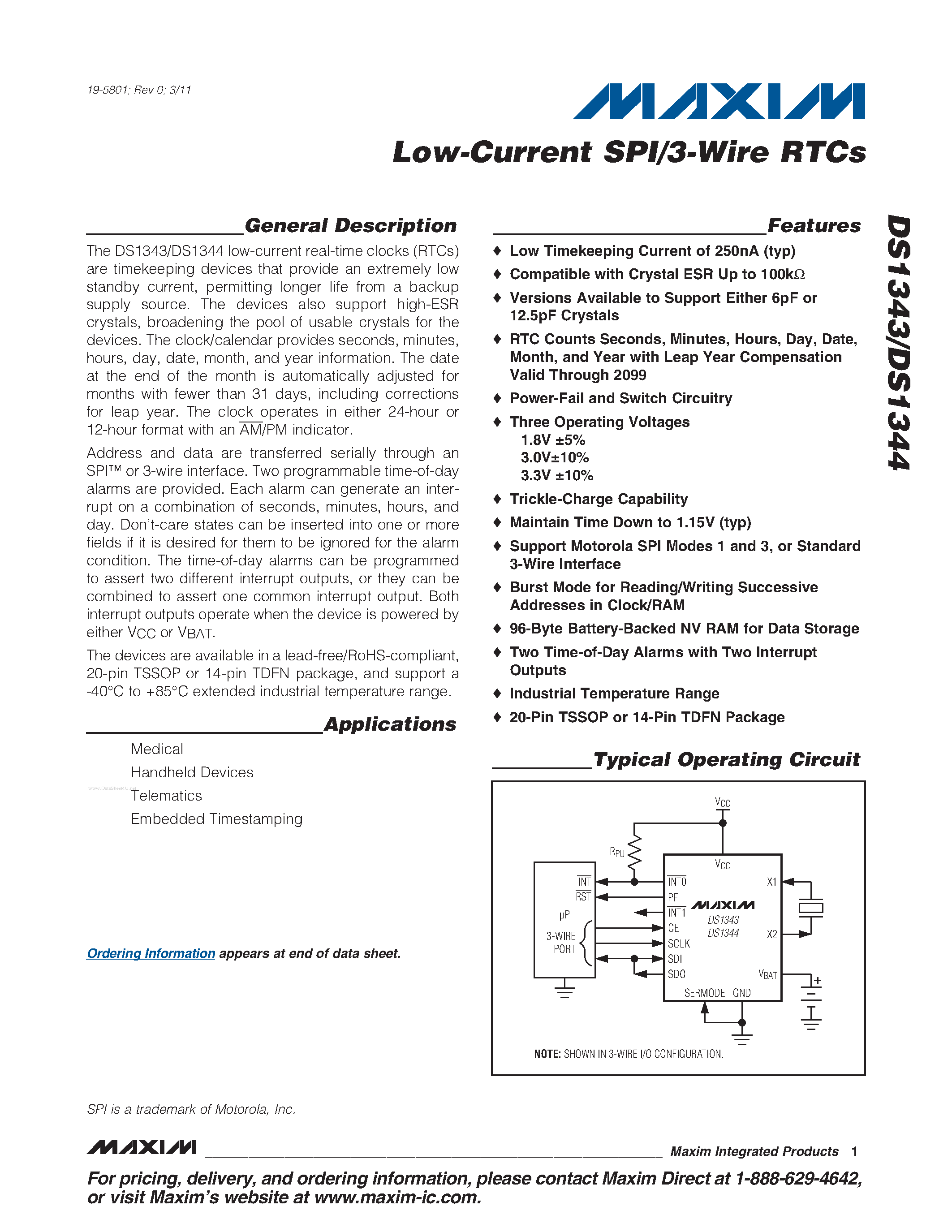 Datasheet DS1343 - (DS1343 / DS1344) Low-Current SPI/3-Wire RTCs page 1