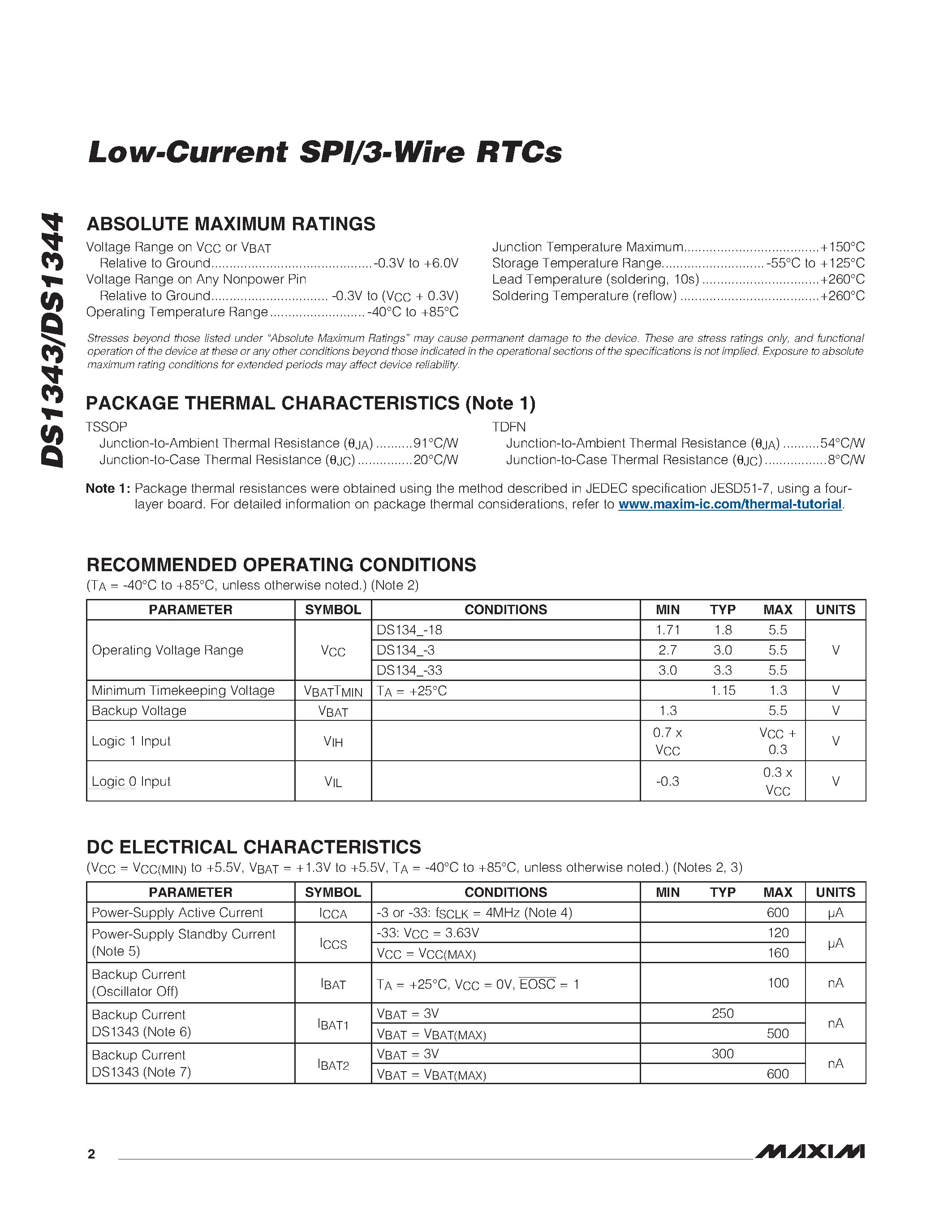 Datasheet DS1343 - (DS1343 / DS1344) Low-Current SPI/3-Wire RTCs page 2