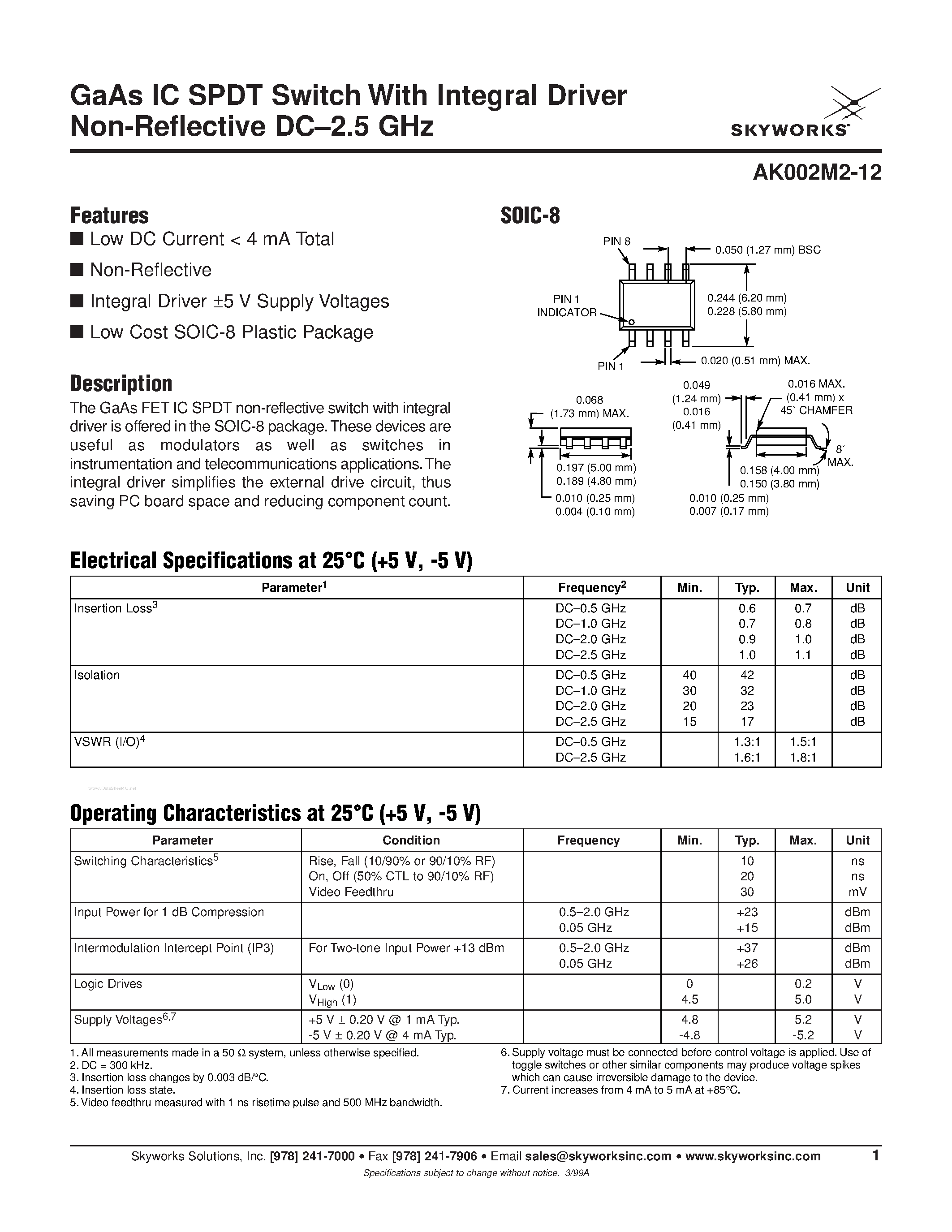 Даташит на микросхему AK002M2-12 страница 1 Даташит AK002M2-12 - GaAs IC SPDT Switch страница 1