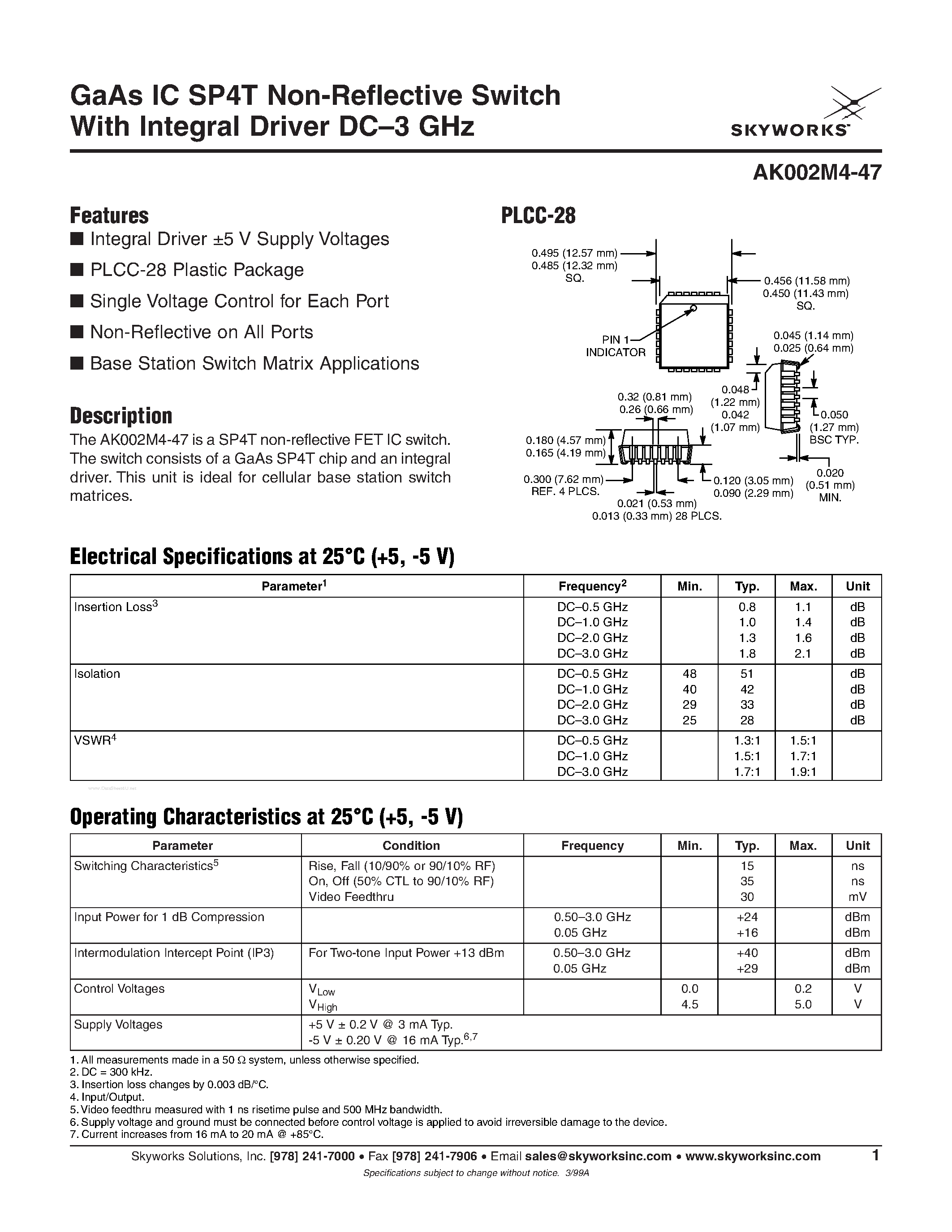 Даташит на микросхему AK002M4-47 страница 1 Даташит AK002M4-47 - GaAs IC SP4T Non-Reflective Switch страница 1