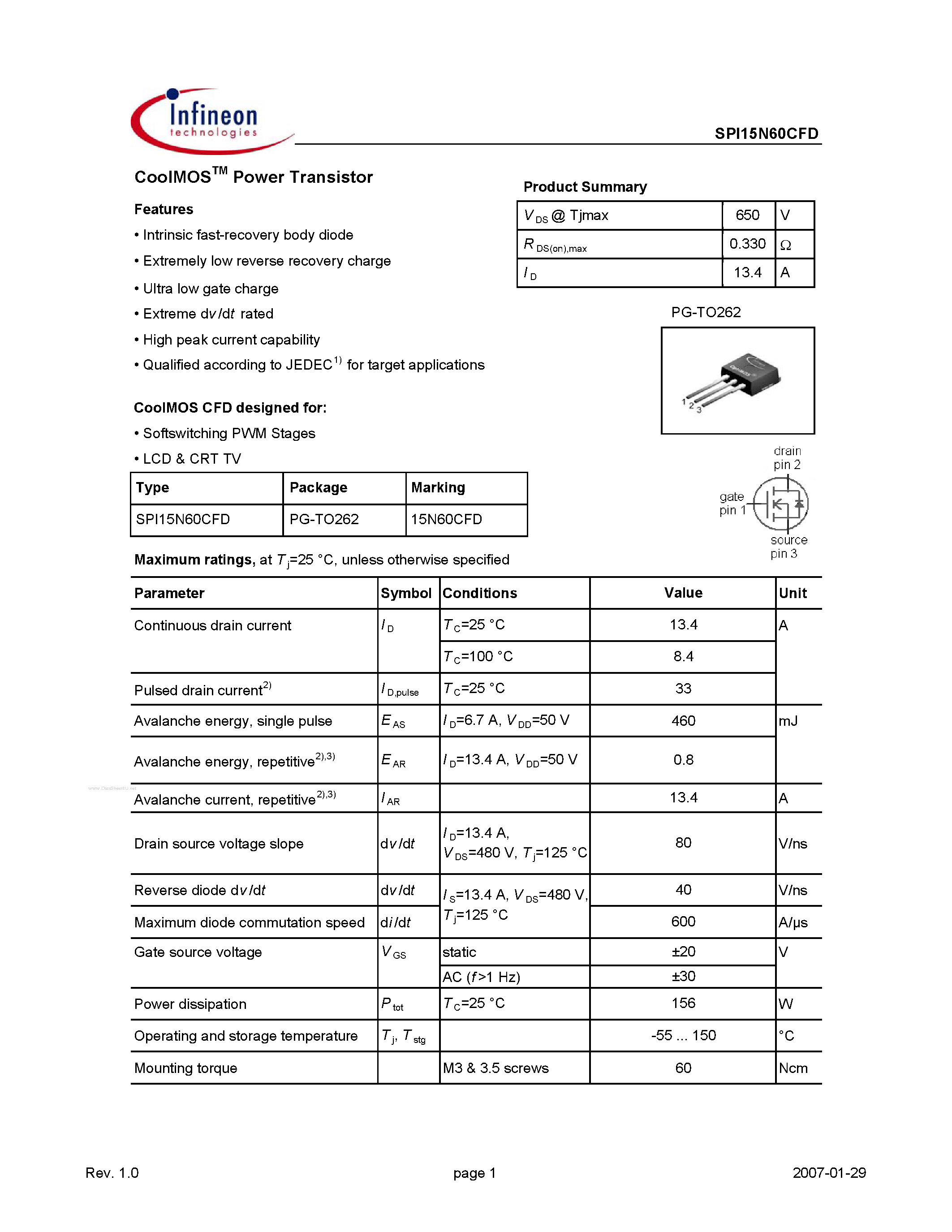 Даташит на микросхему SPI15N60CFD страница 1 Даташит SPI15N60CFD - CoolMOSTM Power Transistor страница 1