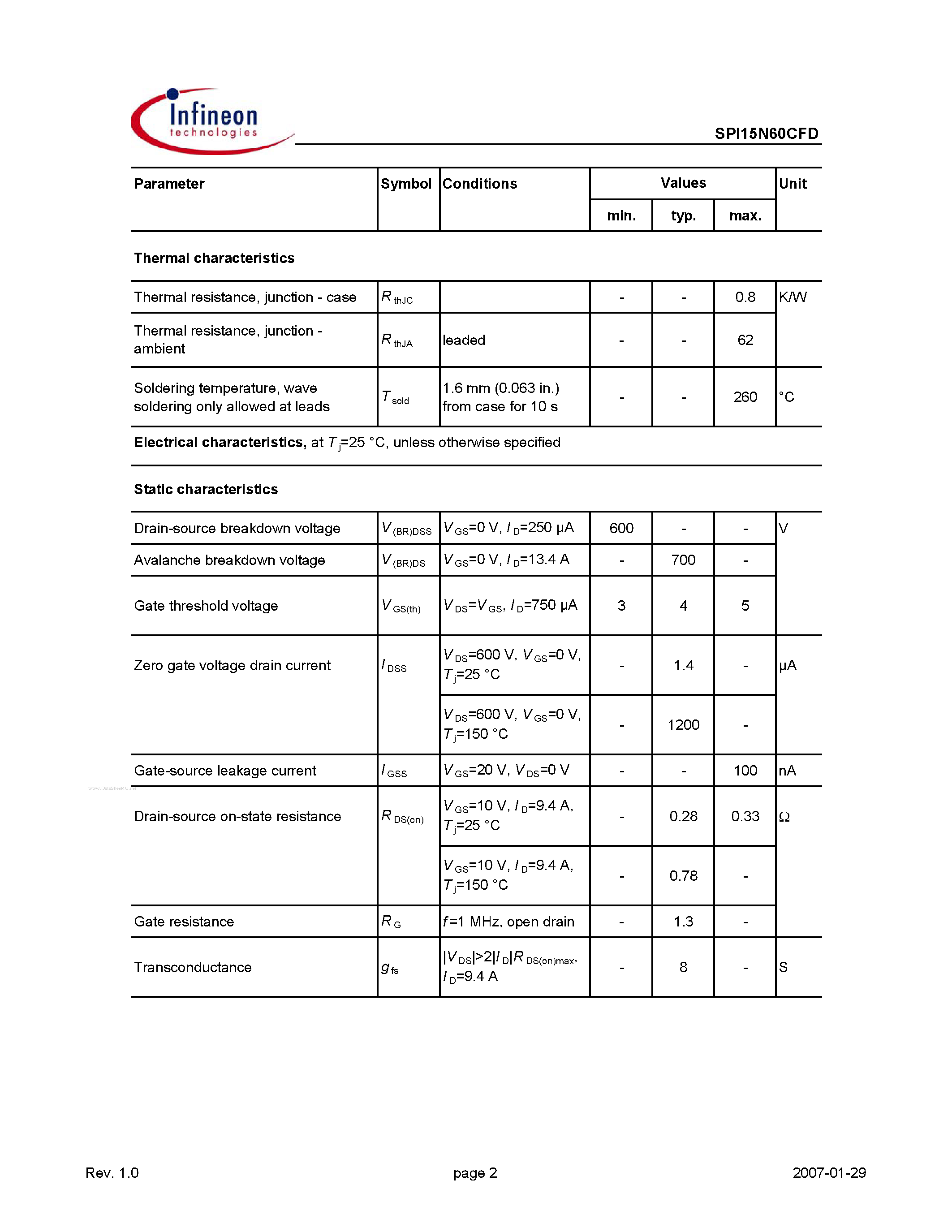 Даташит на микросхему SPI15N60CFD страница 2 Даташит SPI15N60CFD - CoolMOSTM Power Transistor страница 2
