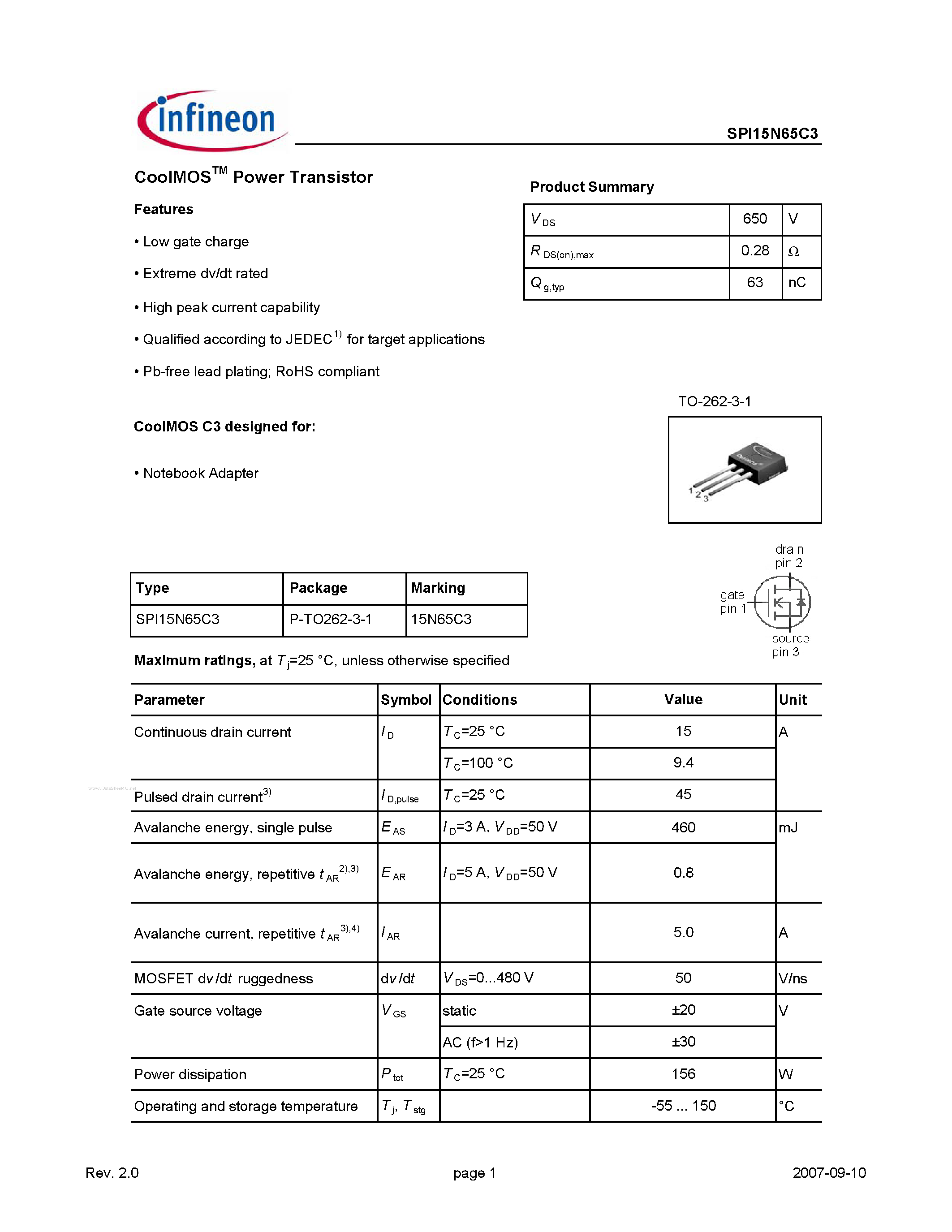 Даташит на микросхему SPI15N65C3 страница 1 Даташит SPI15N65C3 - CoolMOSTM Power Transistor страница 1