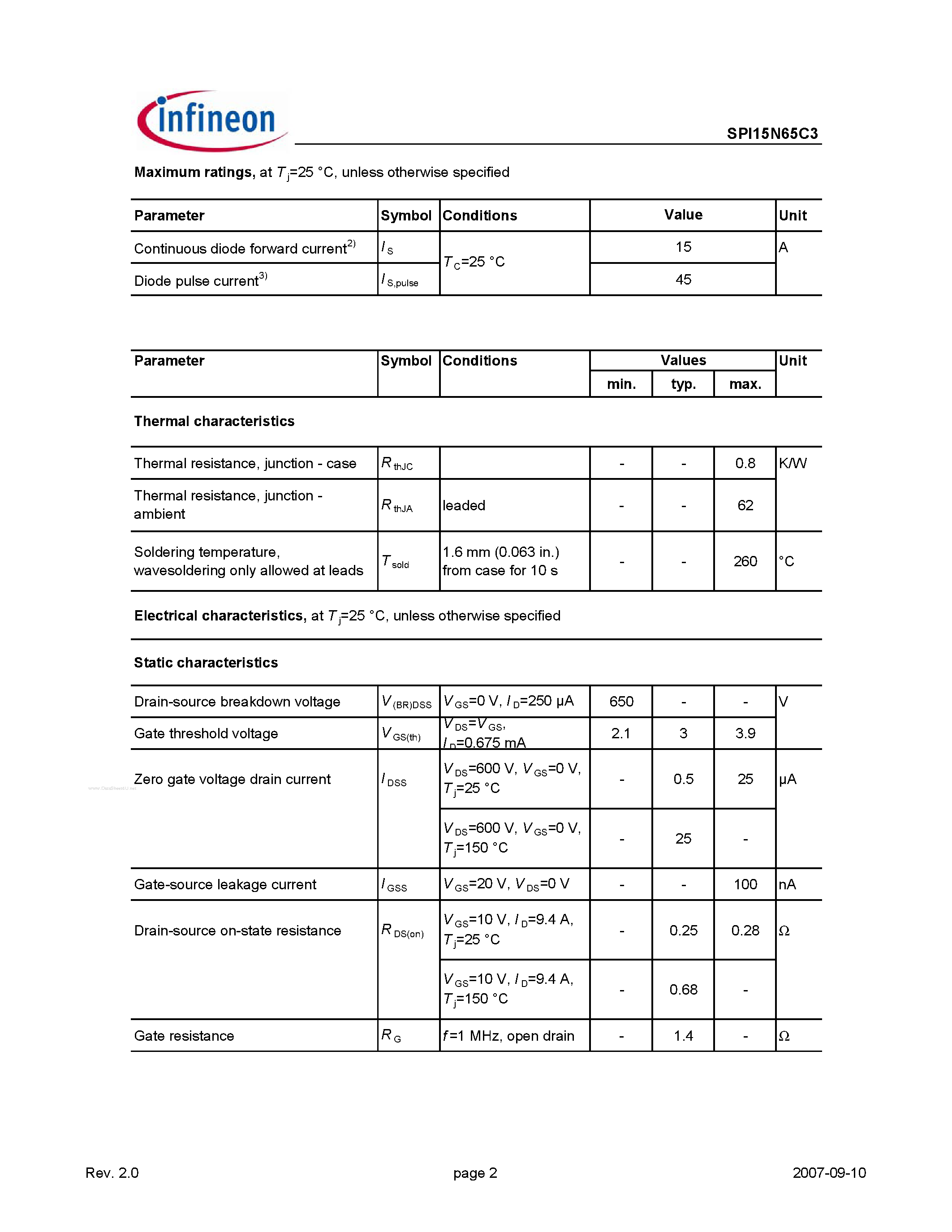 Даташит на микросхему SPI15N65C3 страница 2 Даташит SPI15N65C3 - CoolMOSTM Power Transistor страница 2