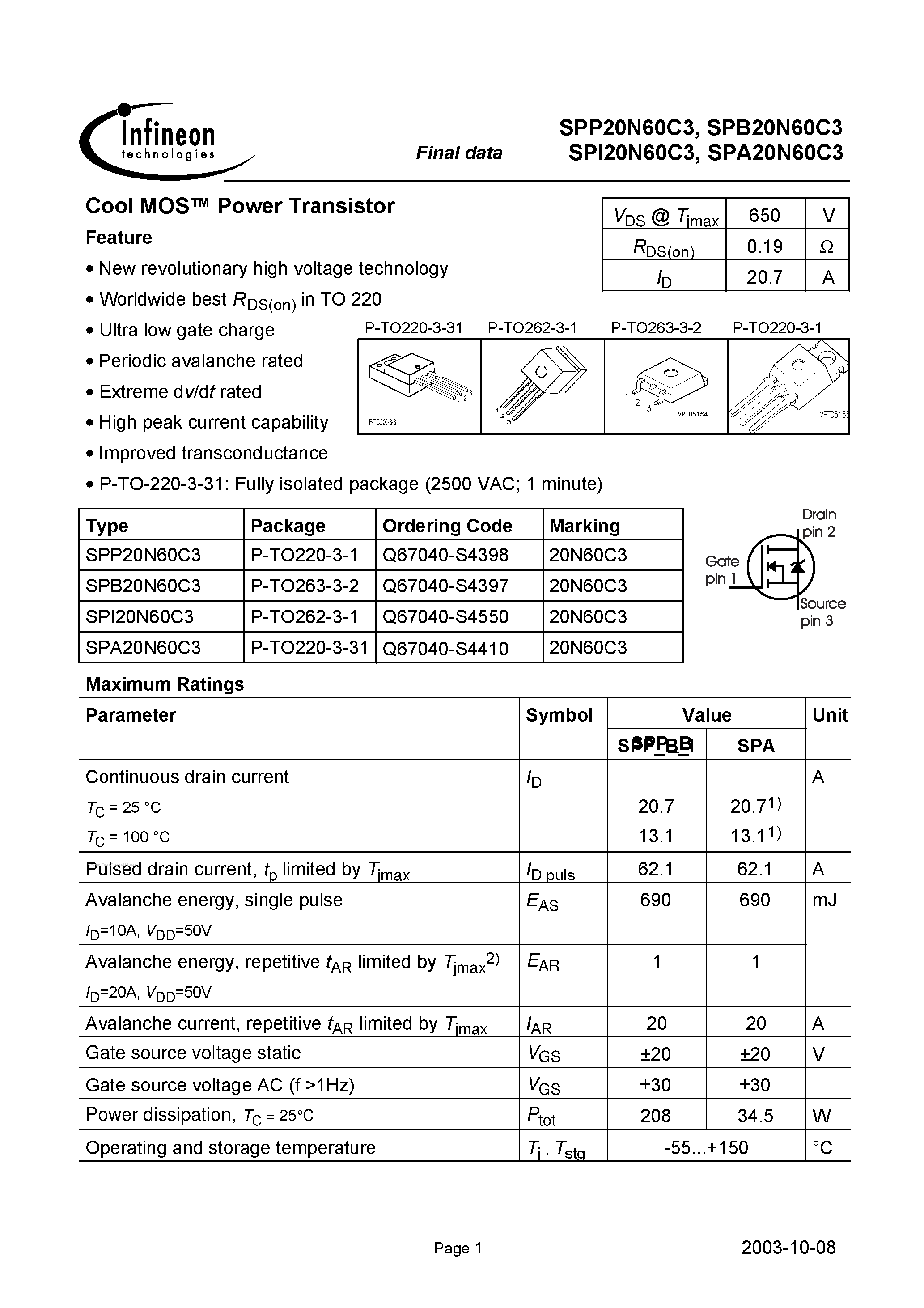 Даташит на микросхему SPI20N60C3 страница 1 Даташит SPI20N60C3 - Cool MOS Power Transistor страница 1