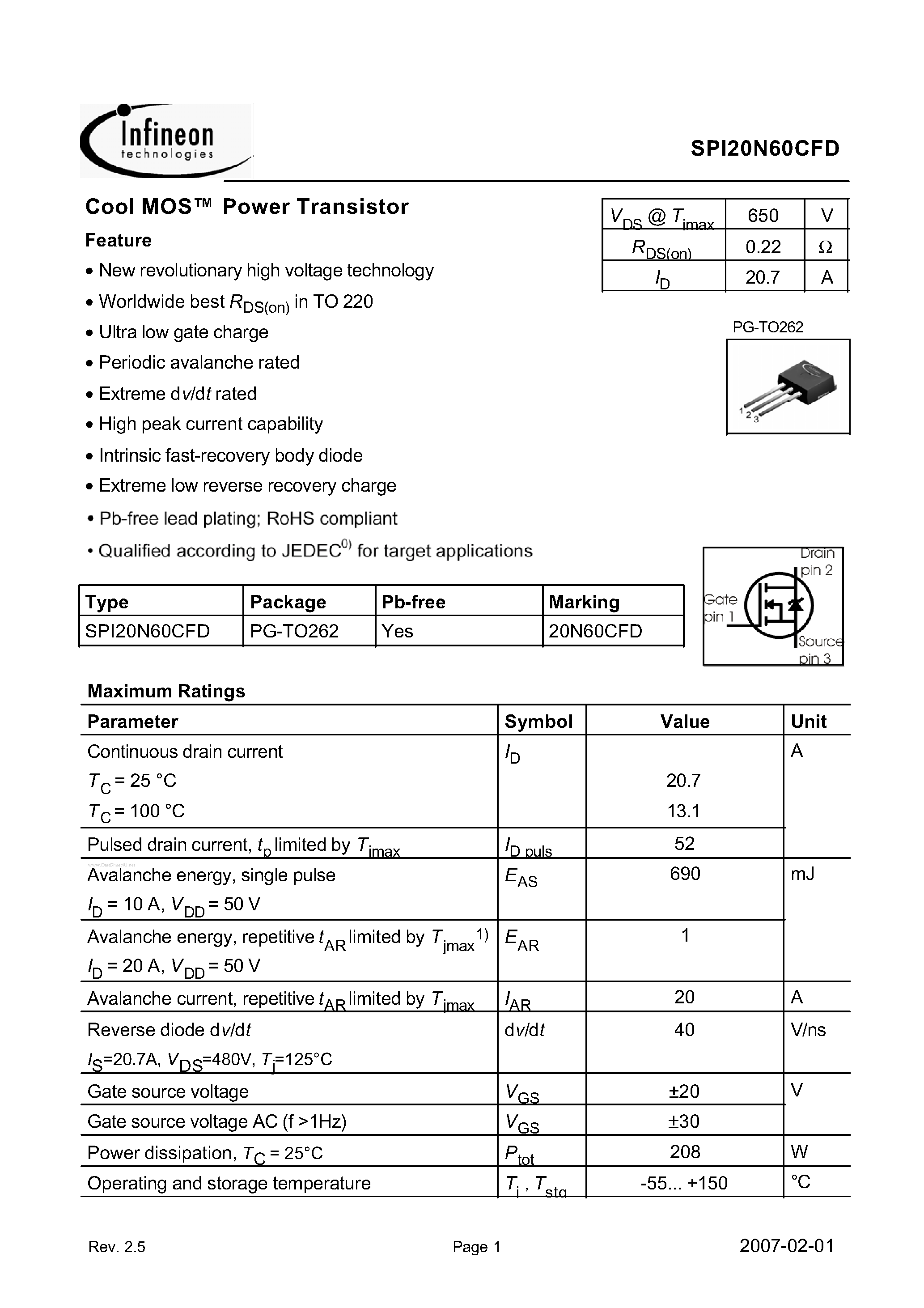 Даташит на микросхему SPI20N60CFD страница 1 Даташит SPI20N60CFD - Power Transistor страница 1