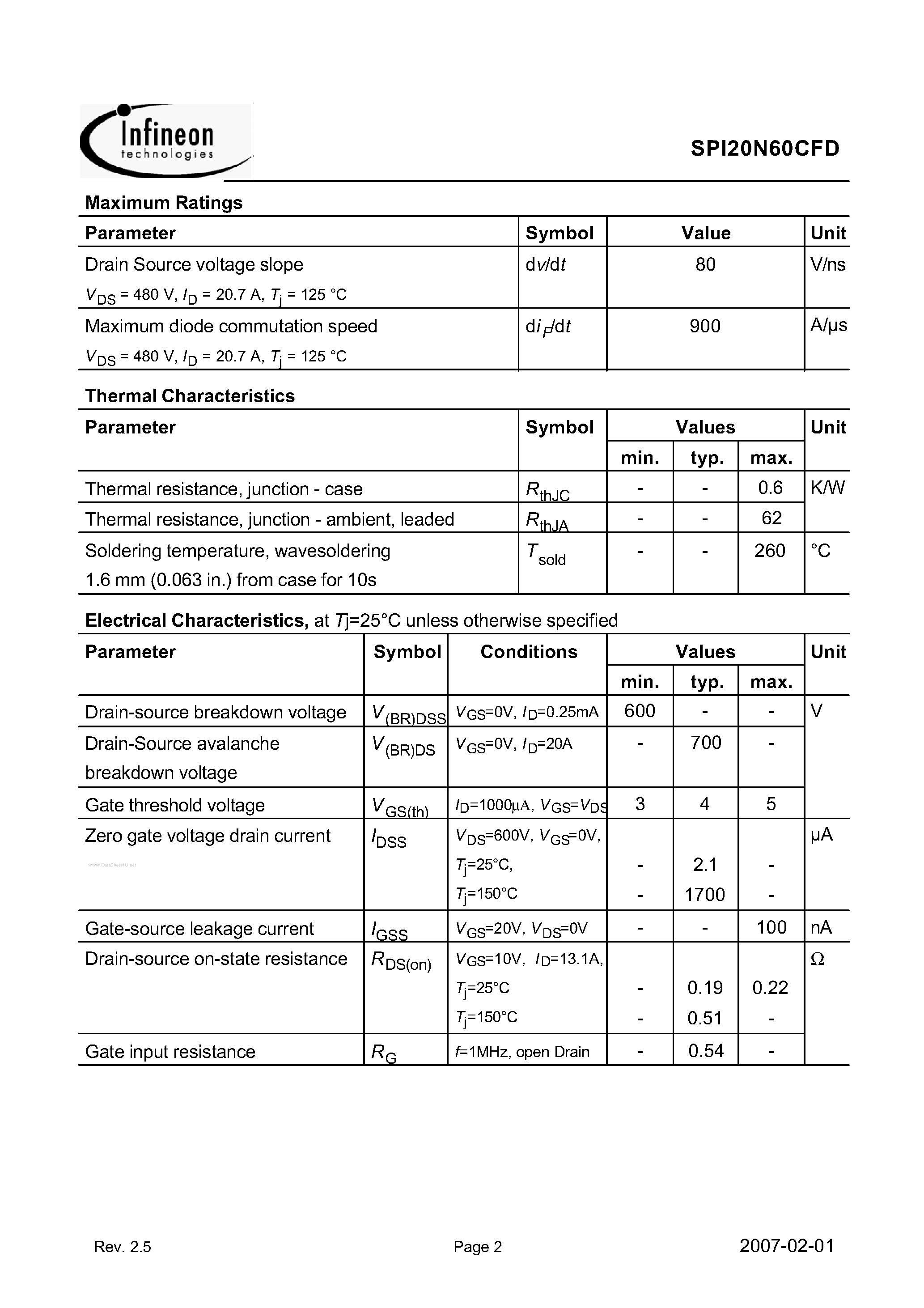 Даташит на микросхему SPI20N60CFD страница 2 Даташит SPI20N60CFD - Power Transistor страница 2