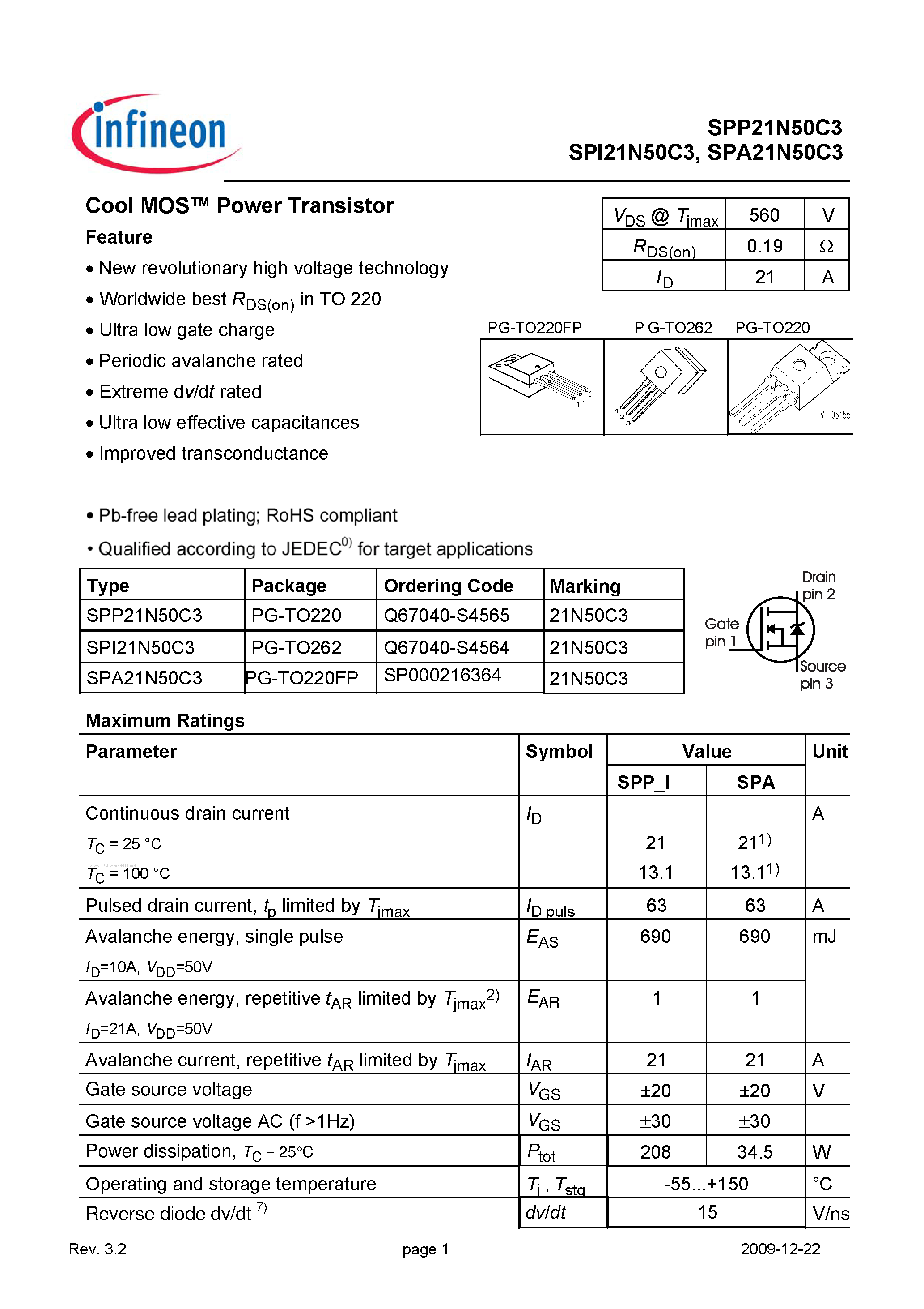 Даташит на микросхему SPI21N50C3 страница 1 Даташит SPI21N50C3 - Power Transistor страница 1