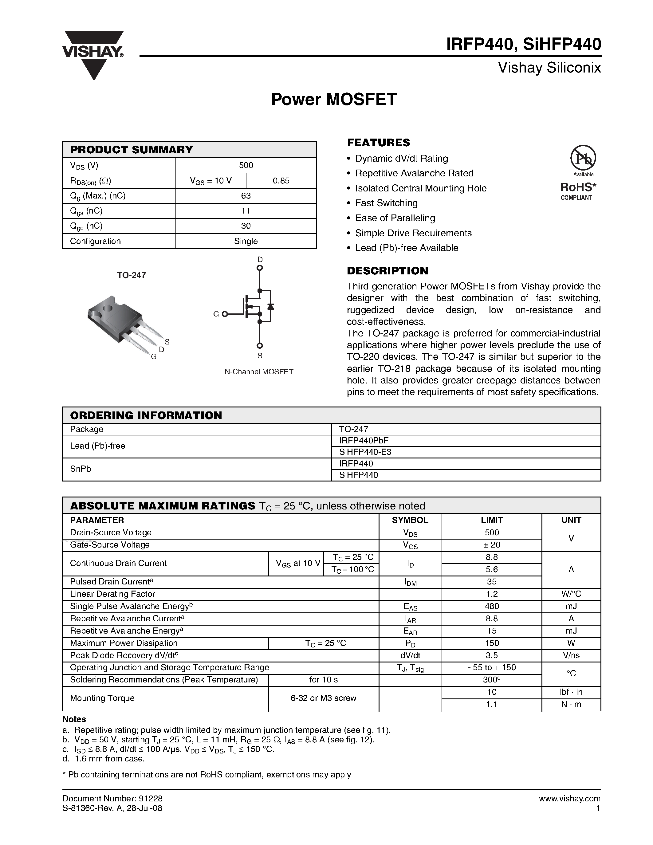 Datasheet IRFP440 - Power MOSFET page 1