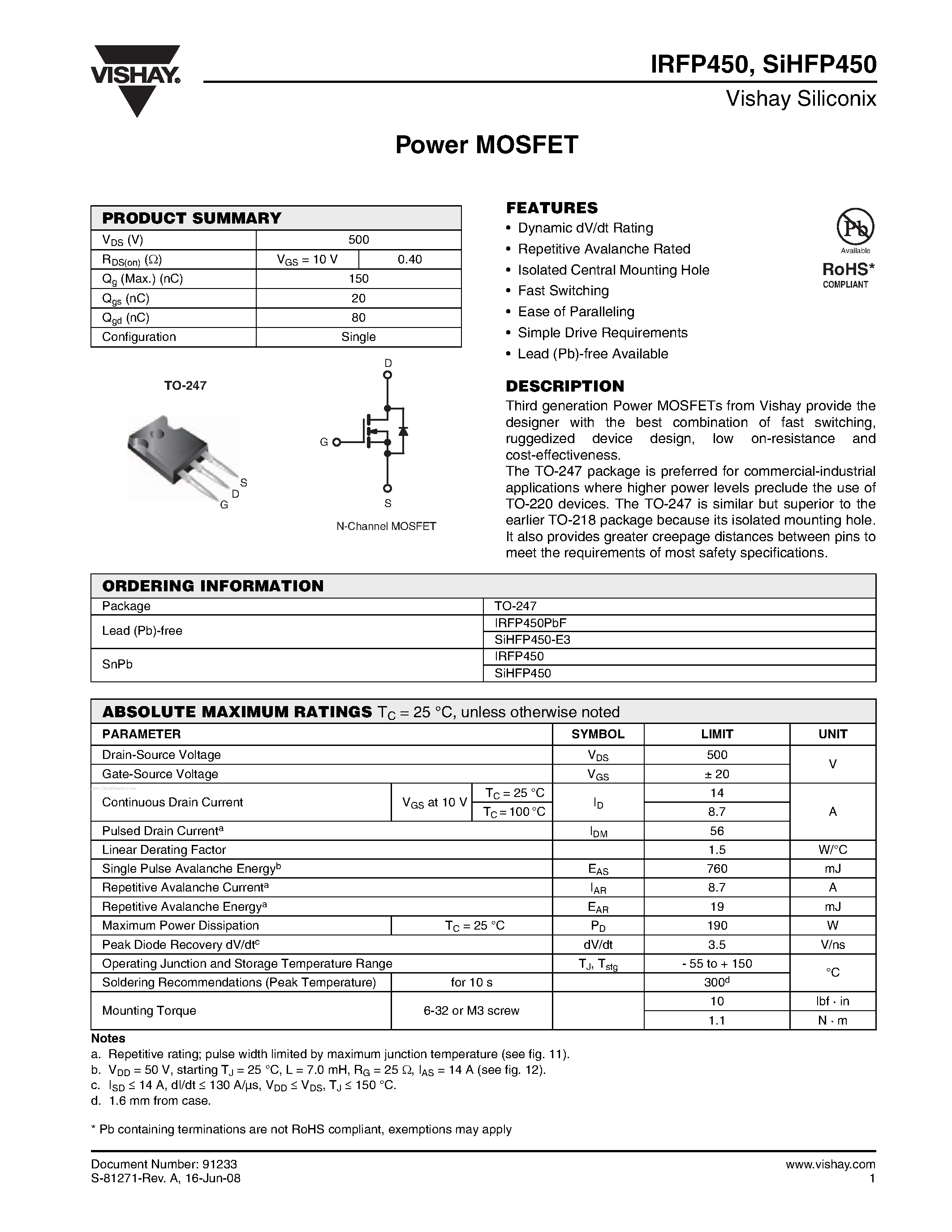Datasheet IRFP450 - Power MOSFET page 1