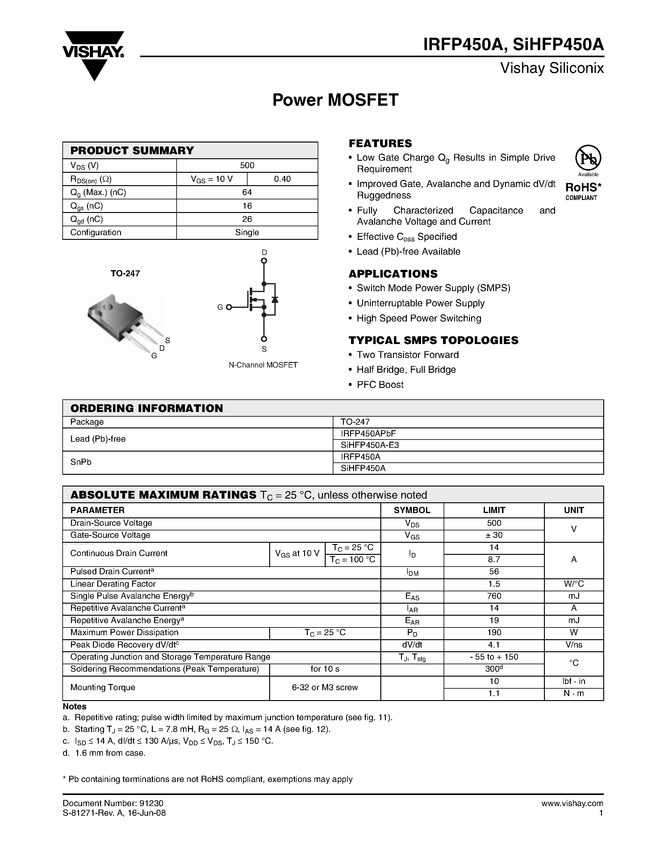 Datasheet IRFP450A - Power MOSFET page 1