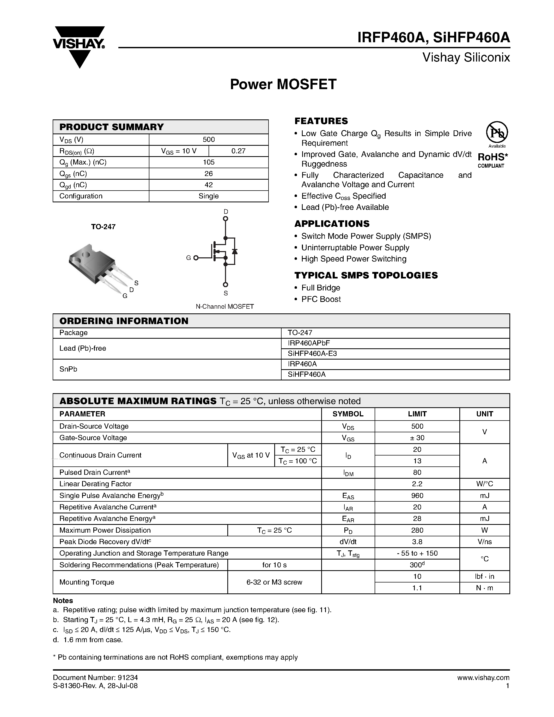 Даташит IRFP460A - Power MOSFET страница 1