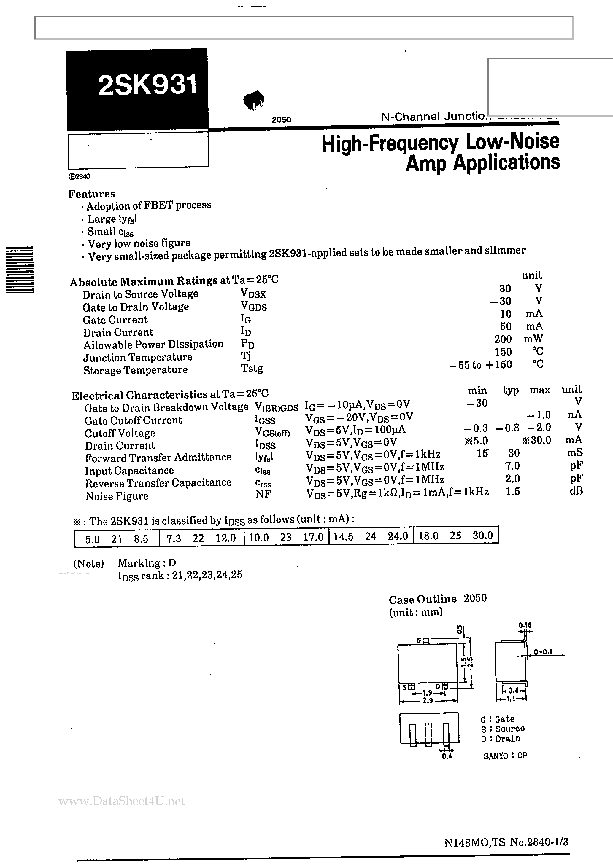 Datasheet 2SK931 - High Frequency Low Noise Amp page 1