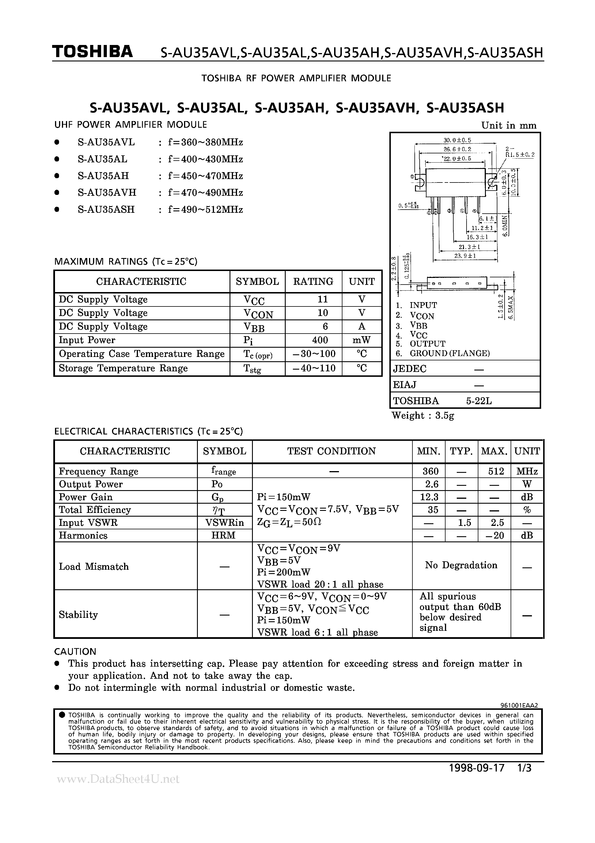 Datasheet S-AU35AH - RF Power Amplifier Module page 1